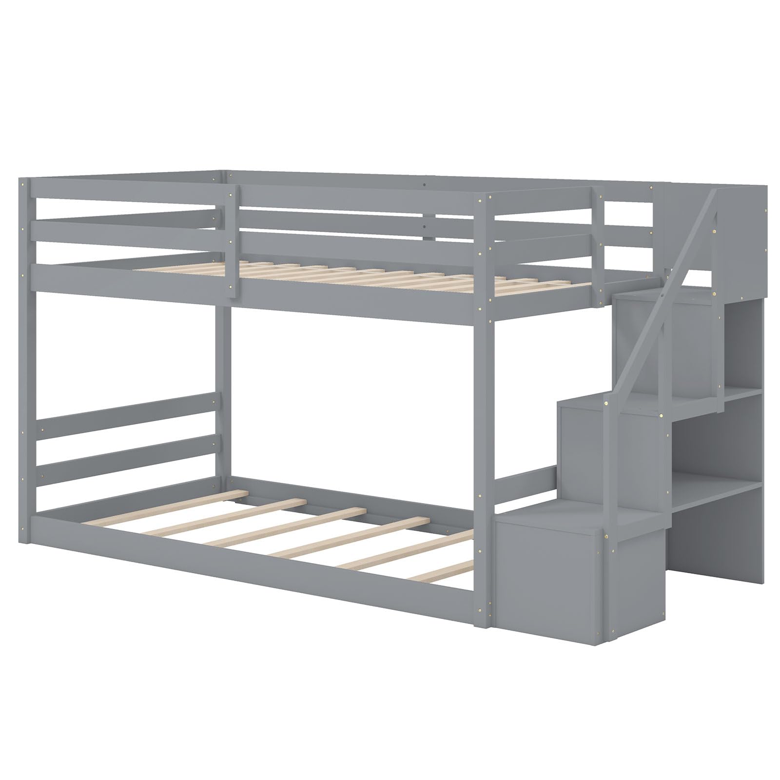 KOMFOTT Wood Twin Over Twin Low Bunk Bed with Storage Staircase