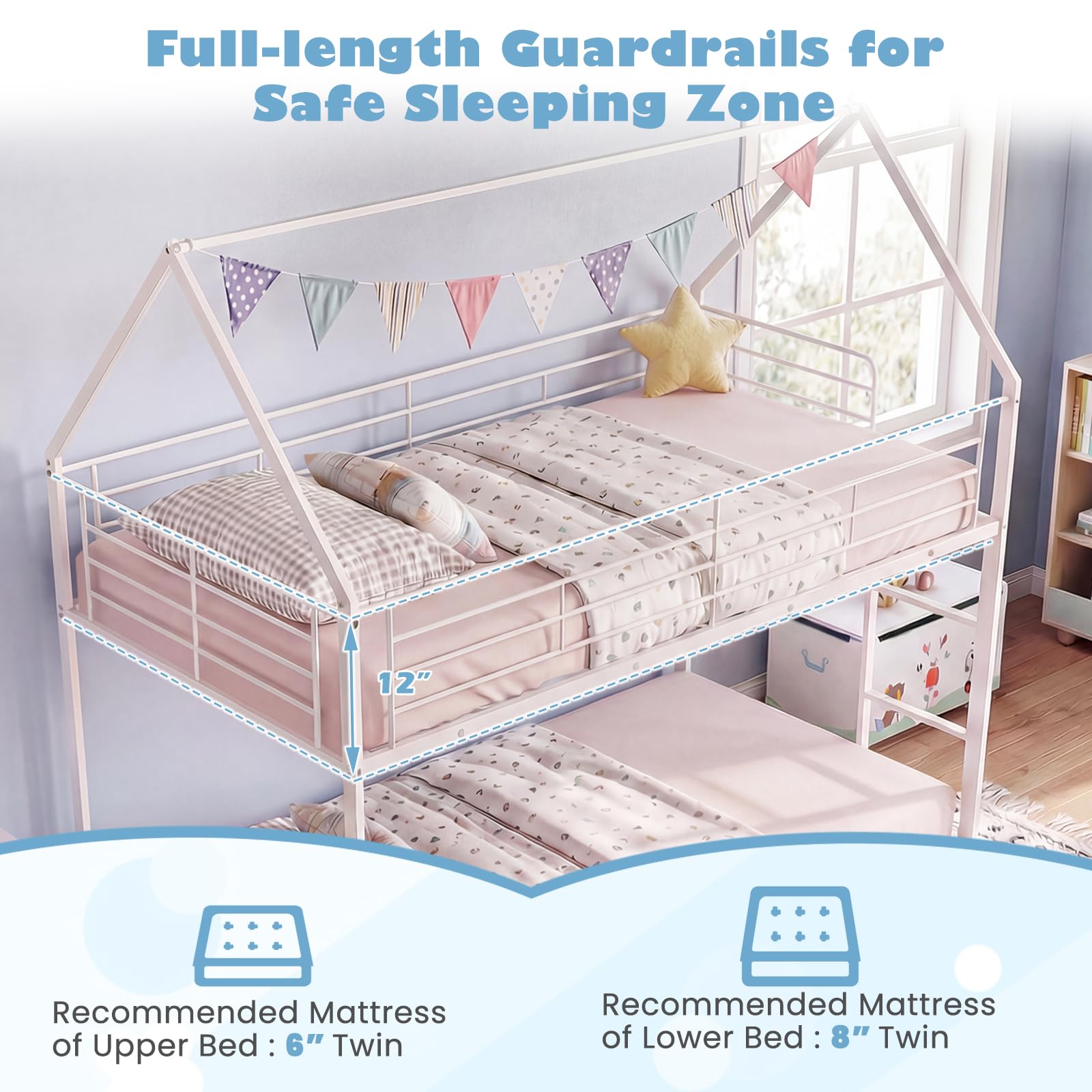 KOMFOTT Low Bunk Bed Twin Over Twin with Roof