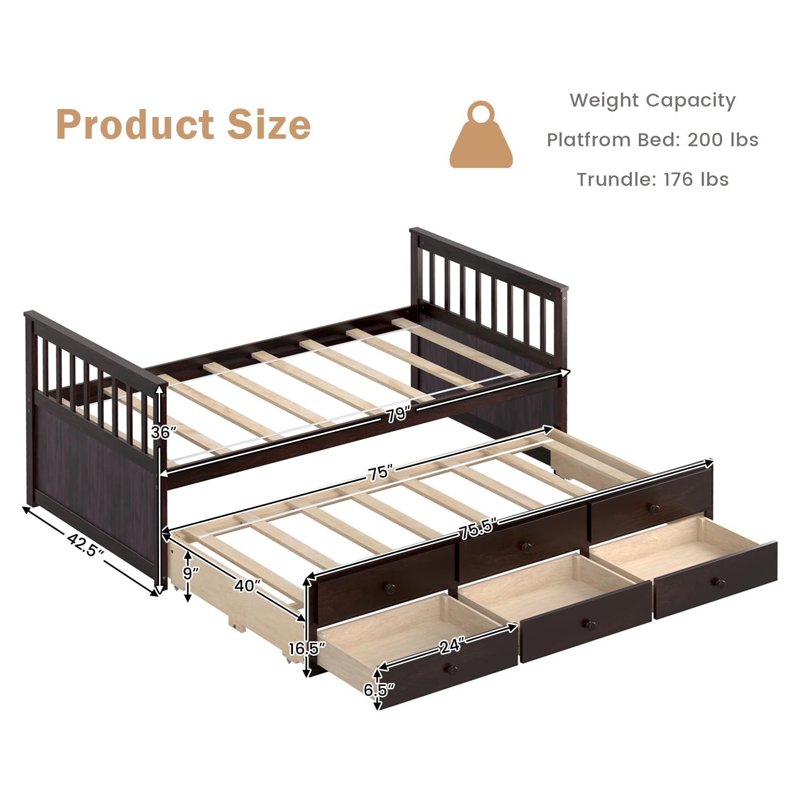 KOMFOTT Twin Captain’s Bed with Trundle Bed, Wood Storage Daybed with 3 Storage Drawers