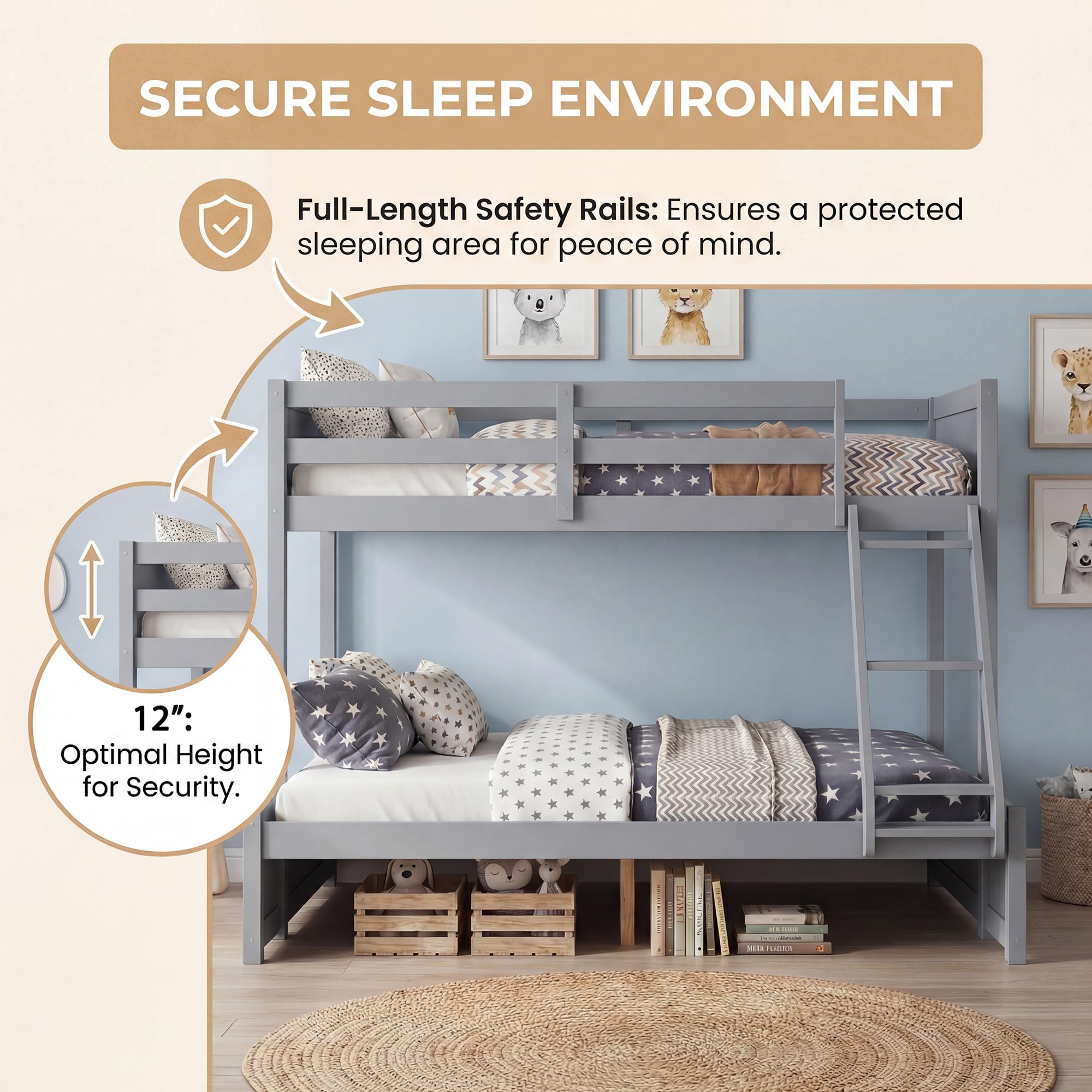 KOMFOTT Twin Over Full Bunk Bed with Full-Length Guardrails