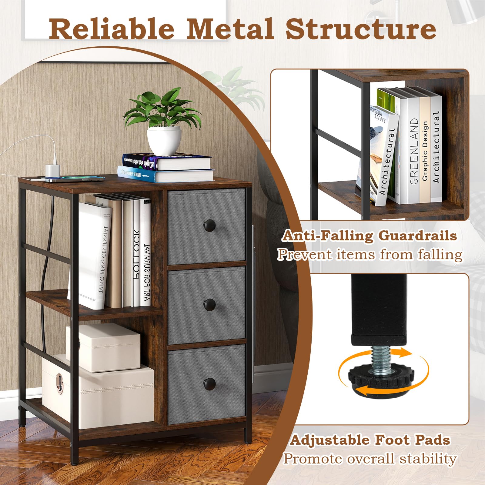 KOMFOTT 3-Tier Nightstand with Charging Station