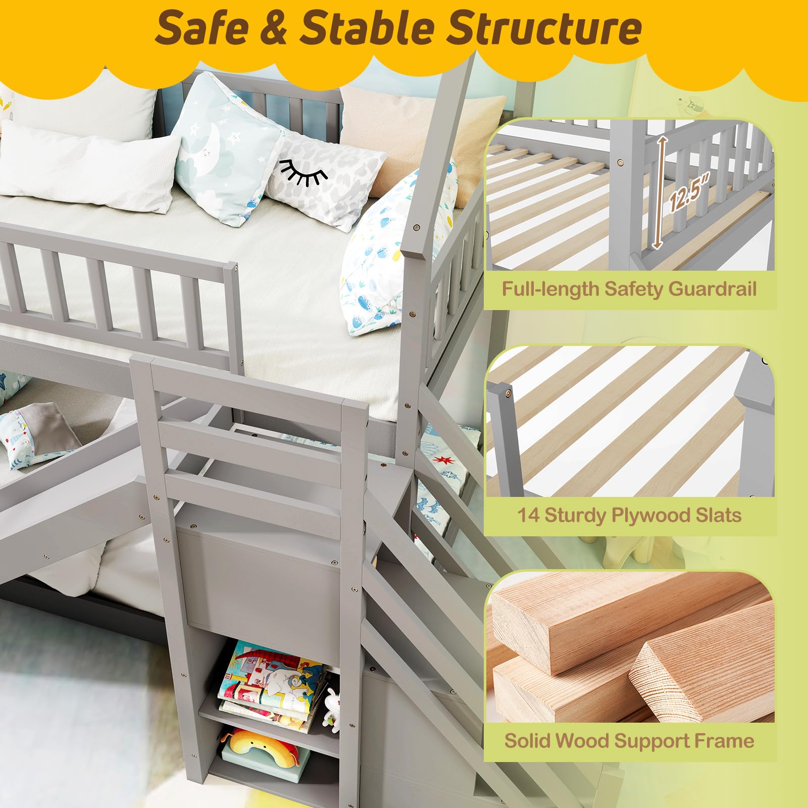 KOMFOTT Twin Over Twin  Wood House Bunk Bed with Slide & Stairs, Storage Shelves