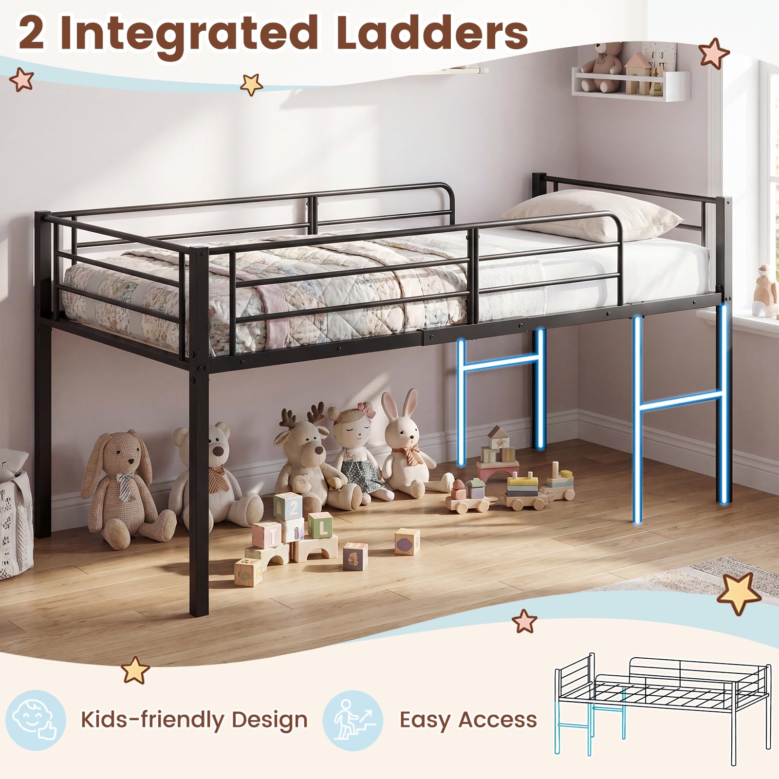 KOMFOTT Twin Size Low Loft Bed Heavy Duty Metal Bed Frame