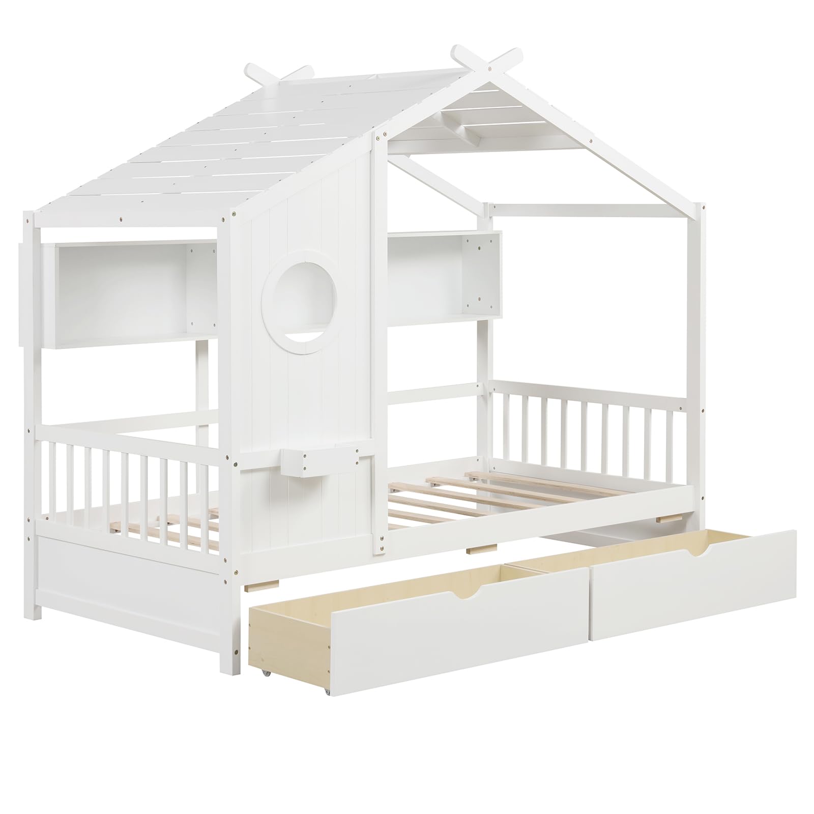 KOMFOTT Twin Size Wood House Bed with 2 Drawers(Twin with Drawers)