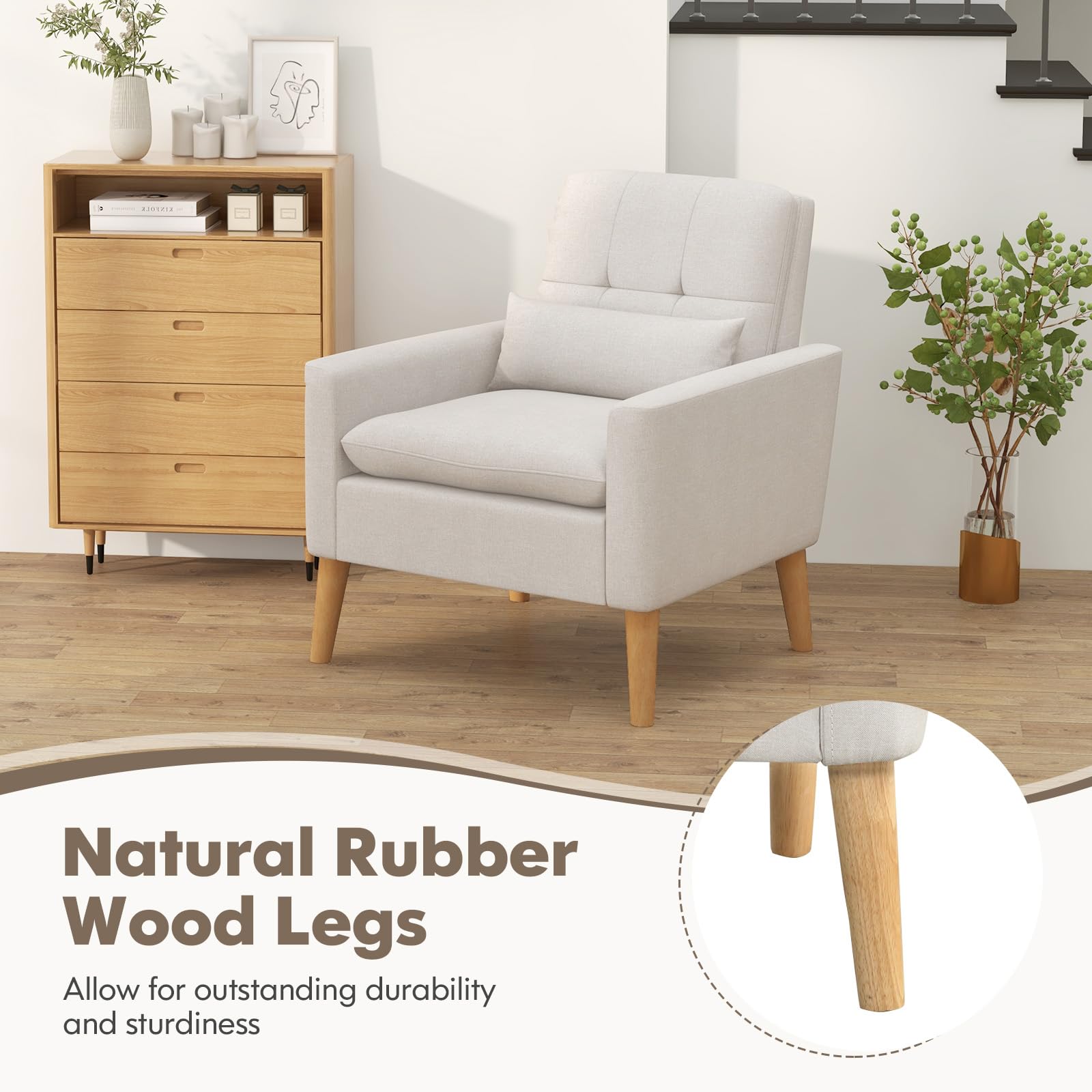 KOMFOTT Modern Linen Accent Chair, Upholstered Tufted Armchair with Lumbar Pillow, Rubber Wood Legs, Padded Cushion
