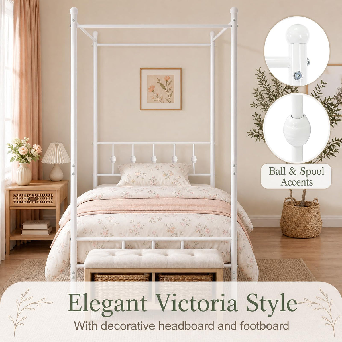 KOMFOTT Twin Canopy Bed Frame with Headboard and Footboard