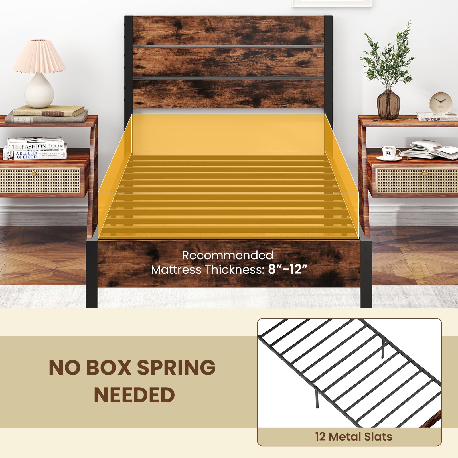 KOMFOTT  Metal Bed Frame Industrial Platform Bed Frame with Headboard