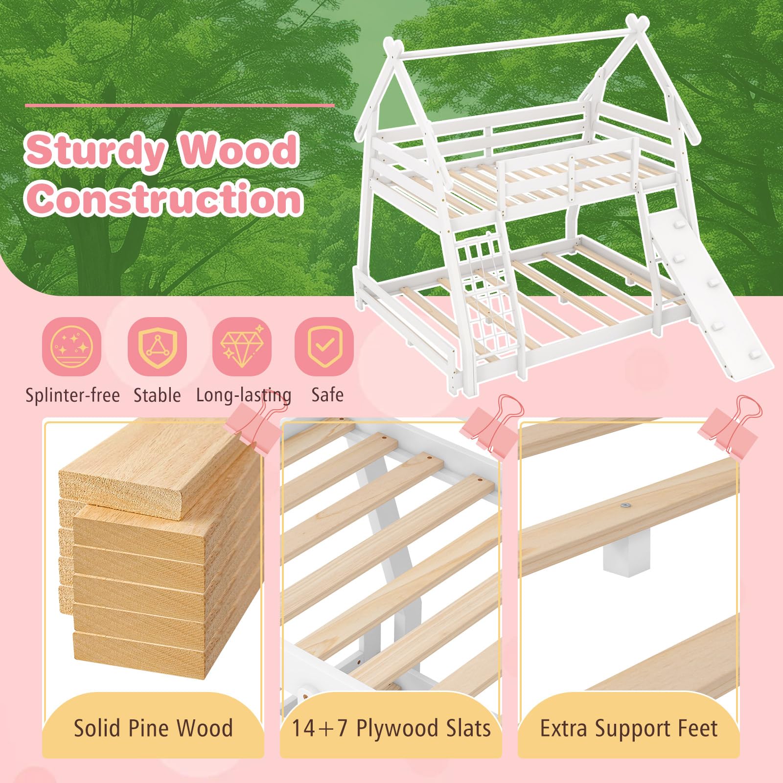 KOMFOTT Wood Twin Over Queen House Bunk Bed with Climbing Nets & Ramp