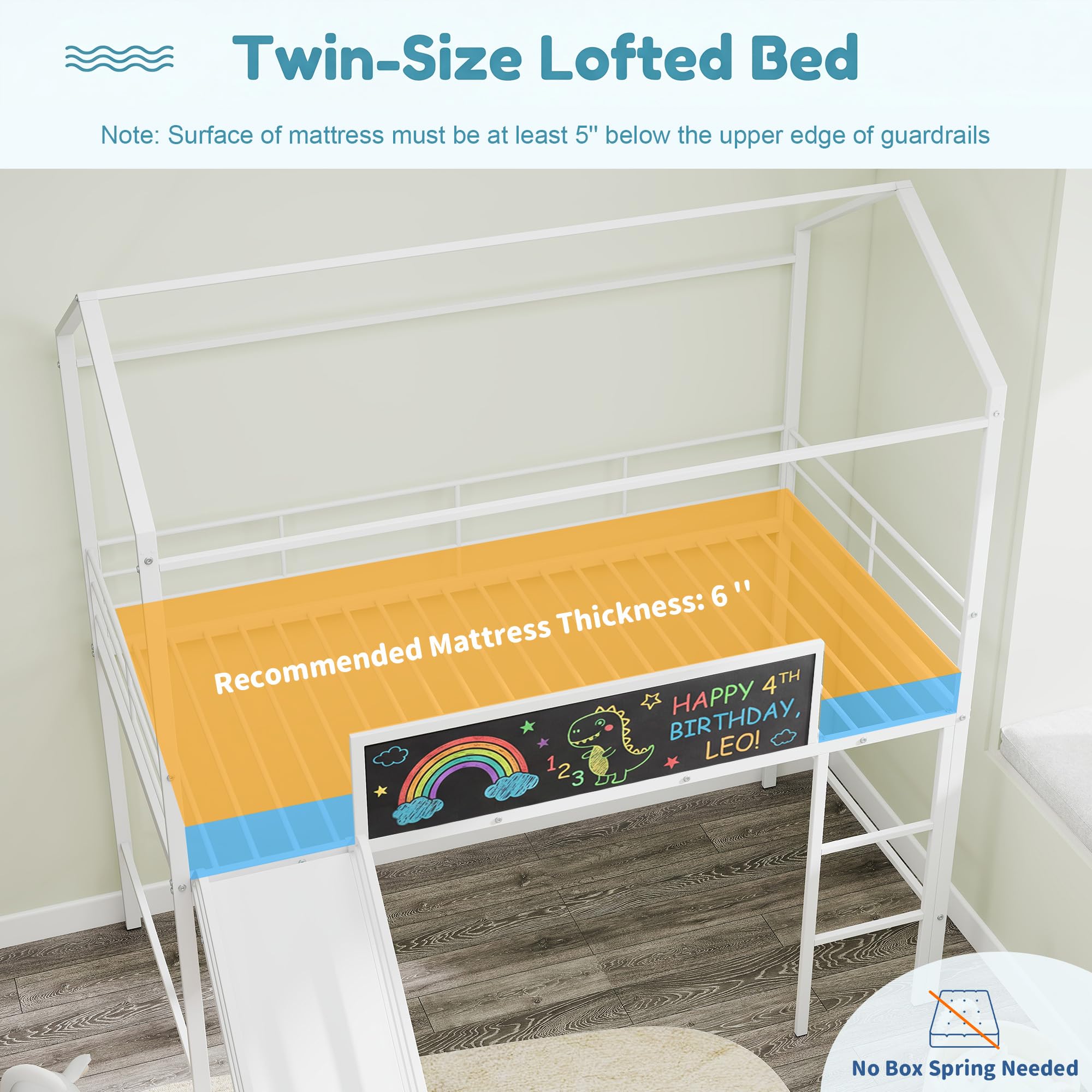 KOMFOTT Twin House Loft Bed for Kids House-Shaped Bed Frame Featuring Chalkboard