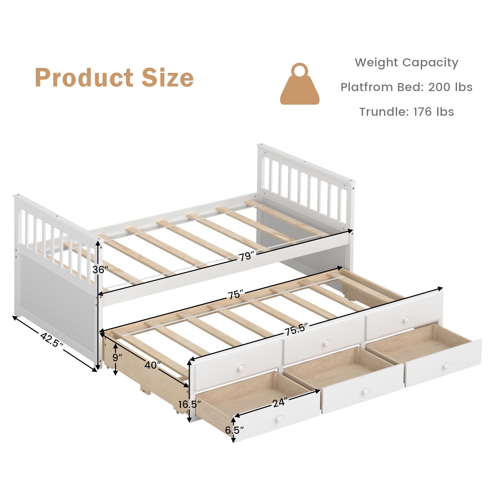 KOMFOTT Twin Captain’s Bed with Trundle Bed, Wood Storage Daybed with 3 Storage Drawers
