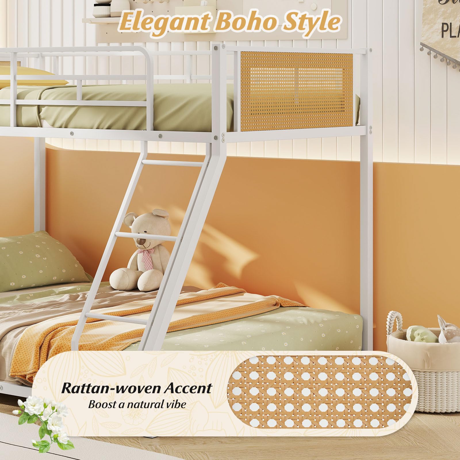 KOMFOTT Metal Bunk Bed Twin Over Full Low Profile Boho Rattan Bunk Bed