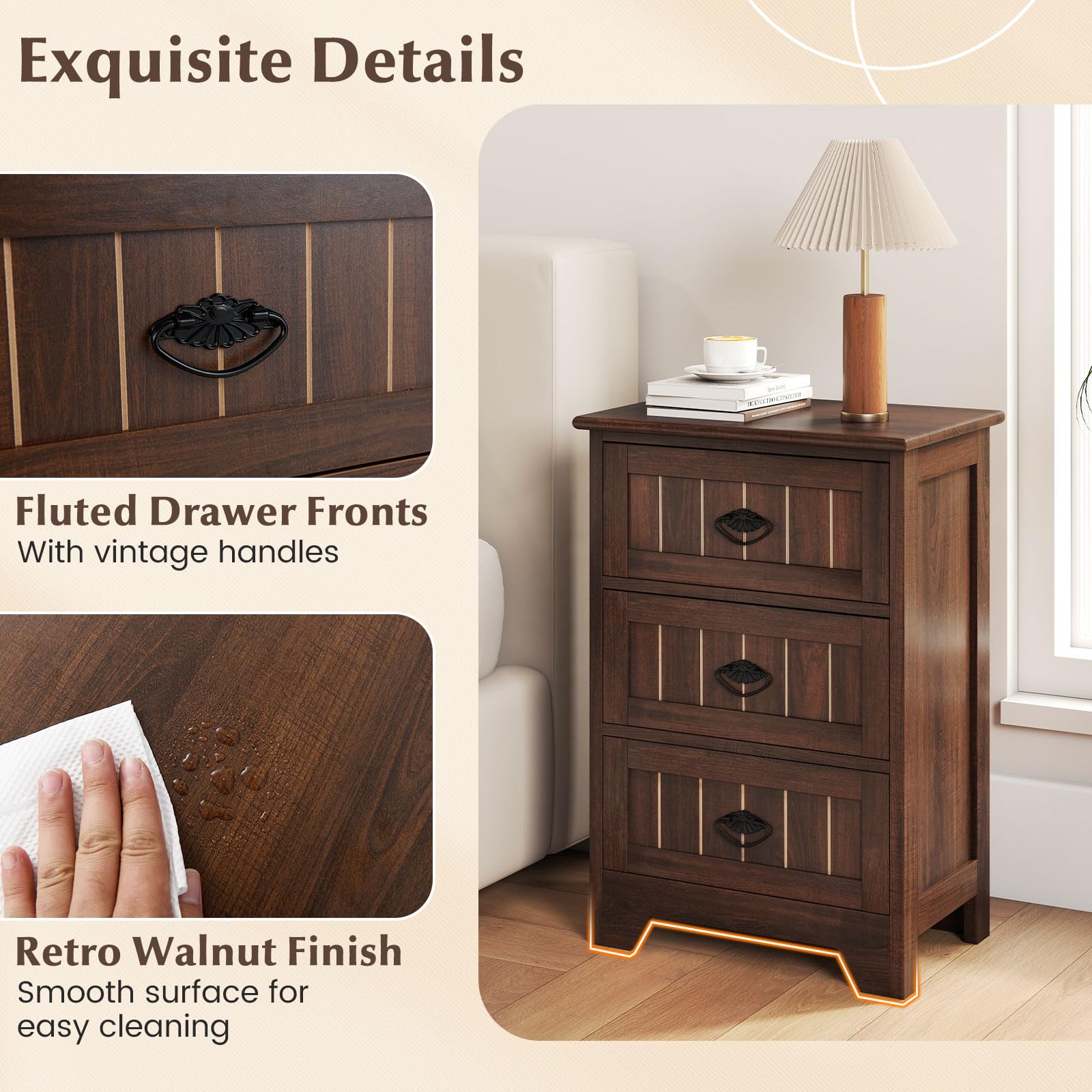KOMFOTT Farmhouse Nightstand with 3 Storage Drawers（1/2）