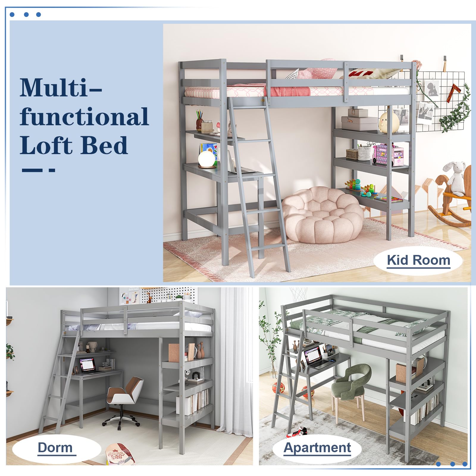 KOMFOTT Loft Bed with Desk & Storage Shelves