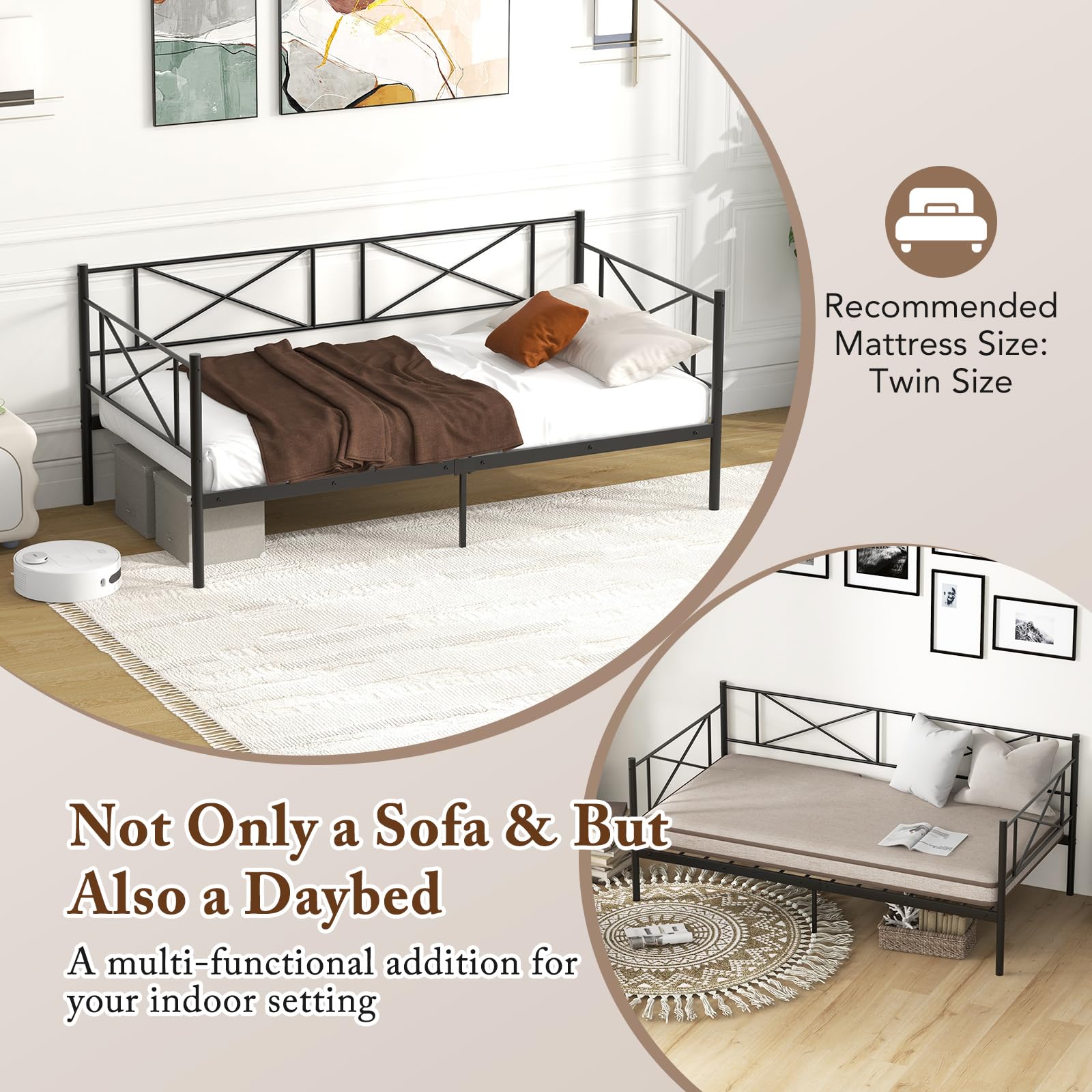 KOMFOTT Twin Size Metal Daybed Frame Modern 2-in-1 Sofa Daybed