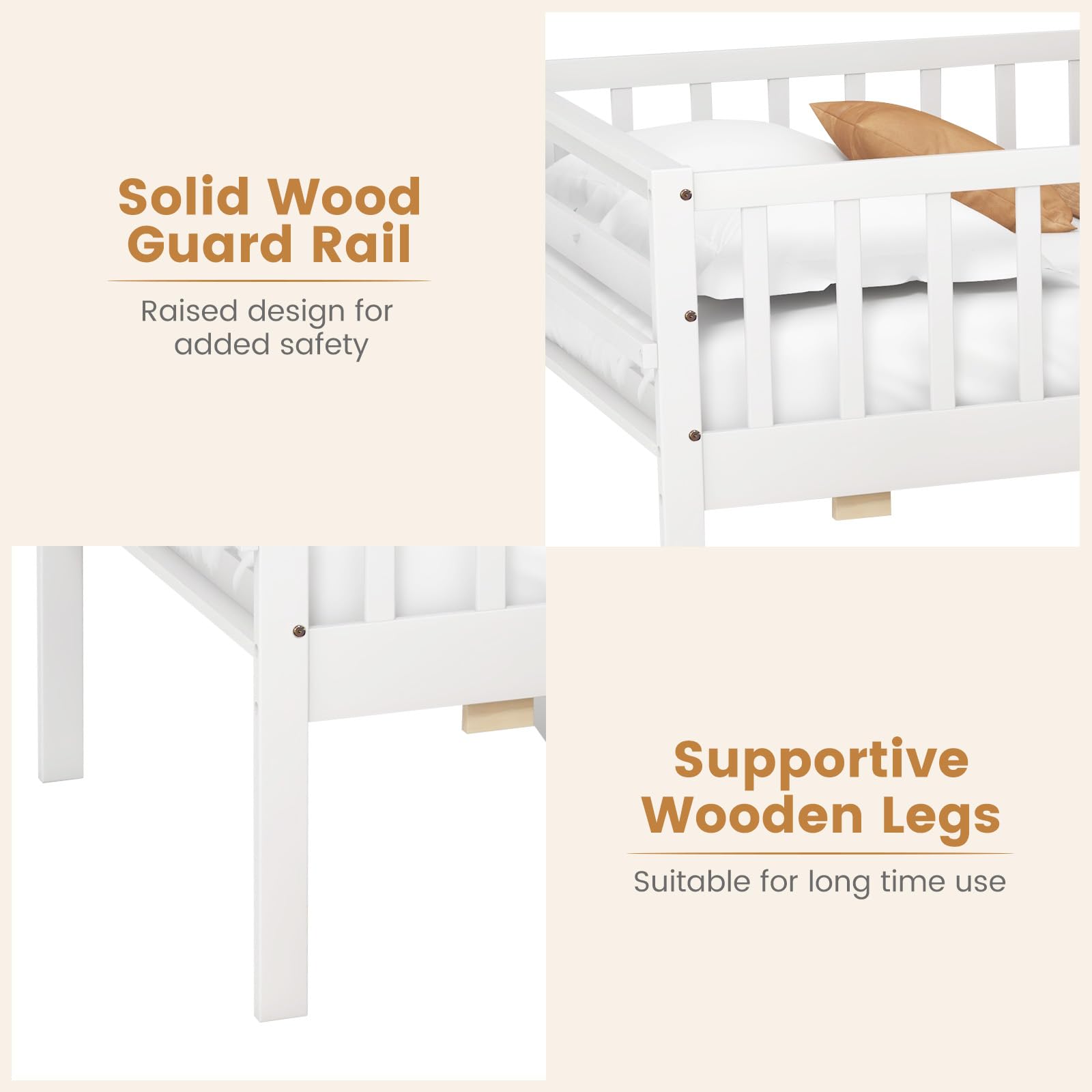 KOMFOTT Wood Twin Bed Frame with Fence Rails & 2 Pull-Out Drawers
