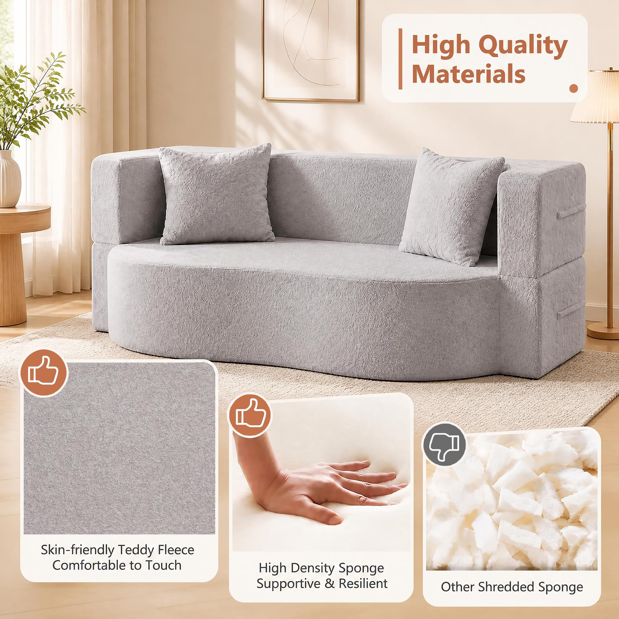 KOMFOTT 2-in-1 Folding Sofa Bed Convertible Loveseat Sofa in Teddy Fleece