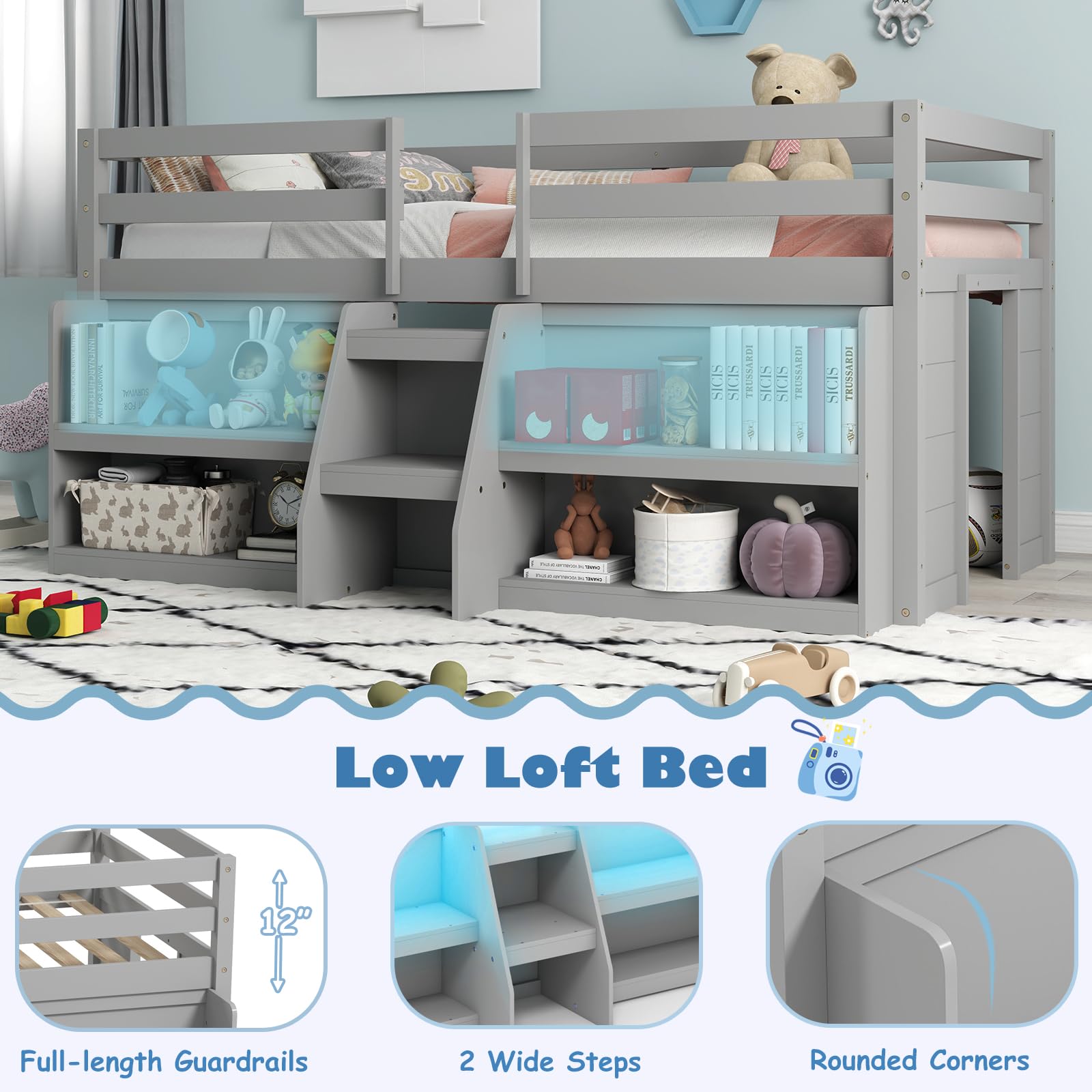 KOMFOTT Low Loft Bed with LED Light & 2 Bookcases