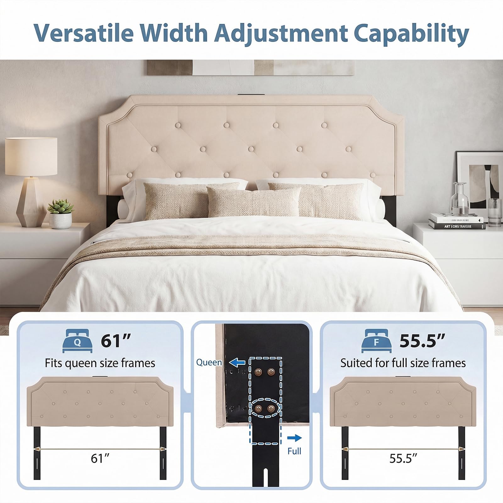 KOMFOTT Upholstered Headboard with Charging Station for Full & Queen Size Bed Frame