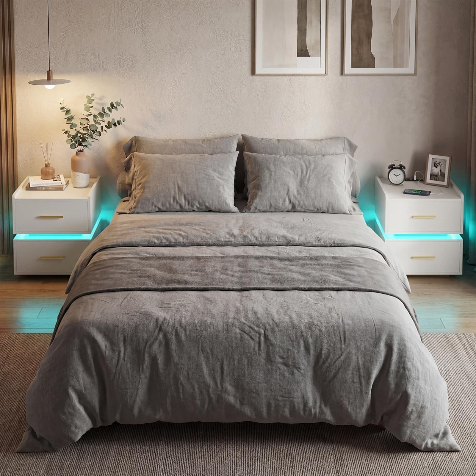 KOMFOTT Nightstand with Charging Station Set of 1/2 LED Bedside Table