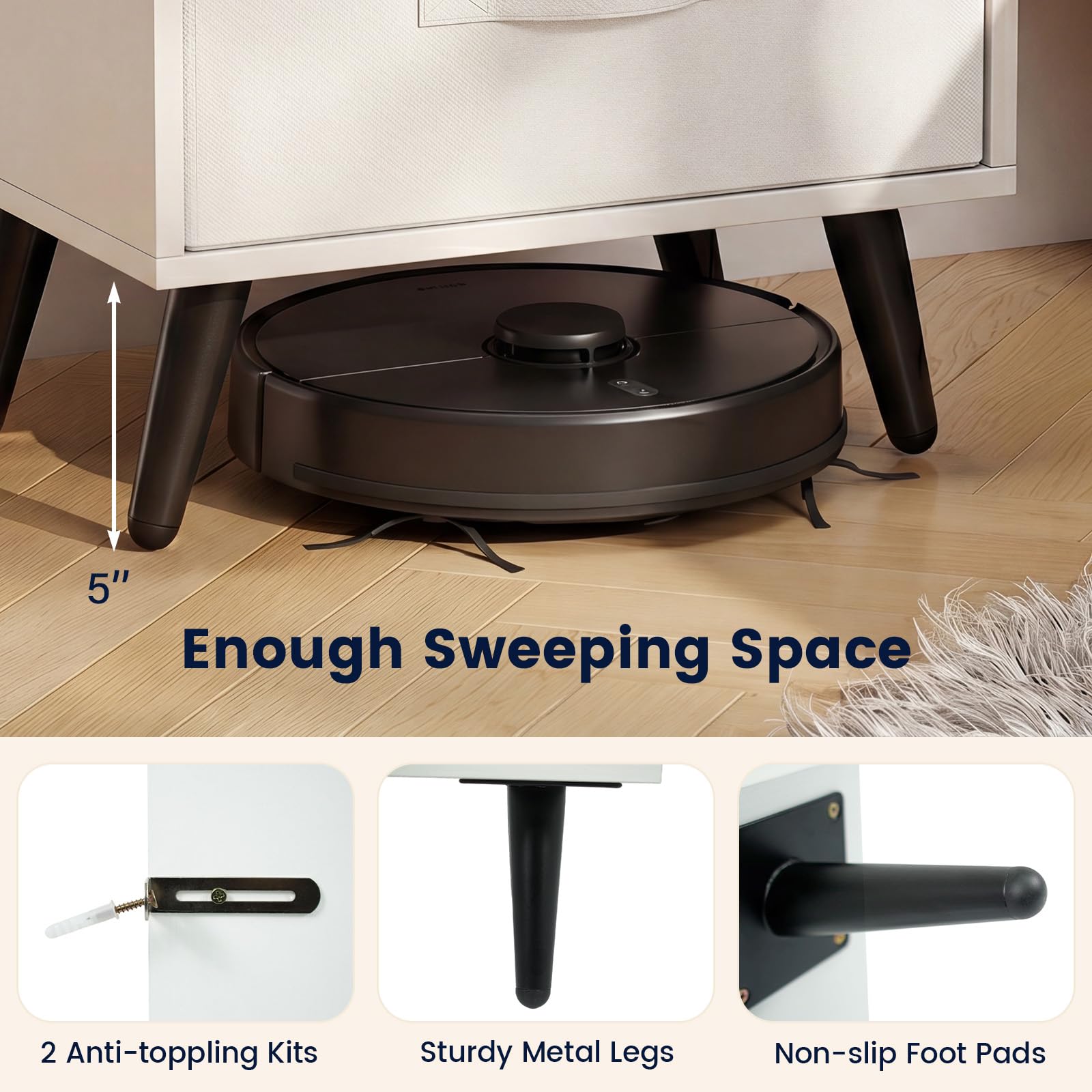 KOMFOTT Nightstand with LED Lights Charging Station & Fabric Drawer(1/2)