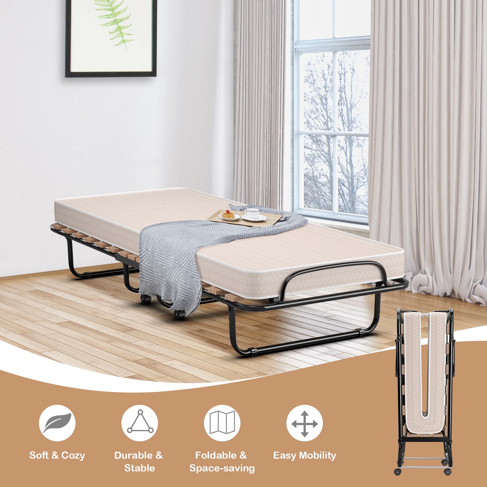 KOMFOTT Folding Bed with Mattress for Adults, Rollaway Guest Beds w/Memory Foam Mattress & Metal Frame
