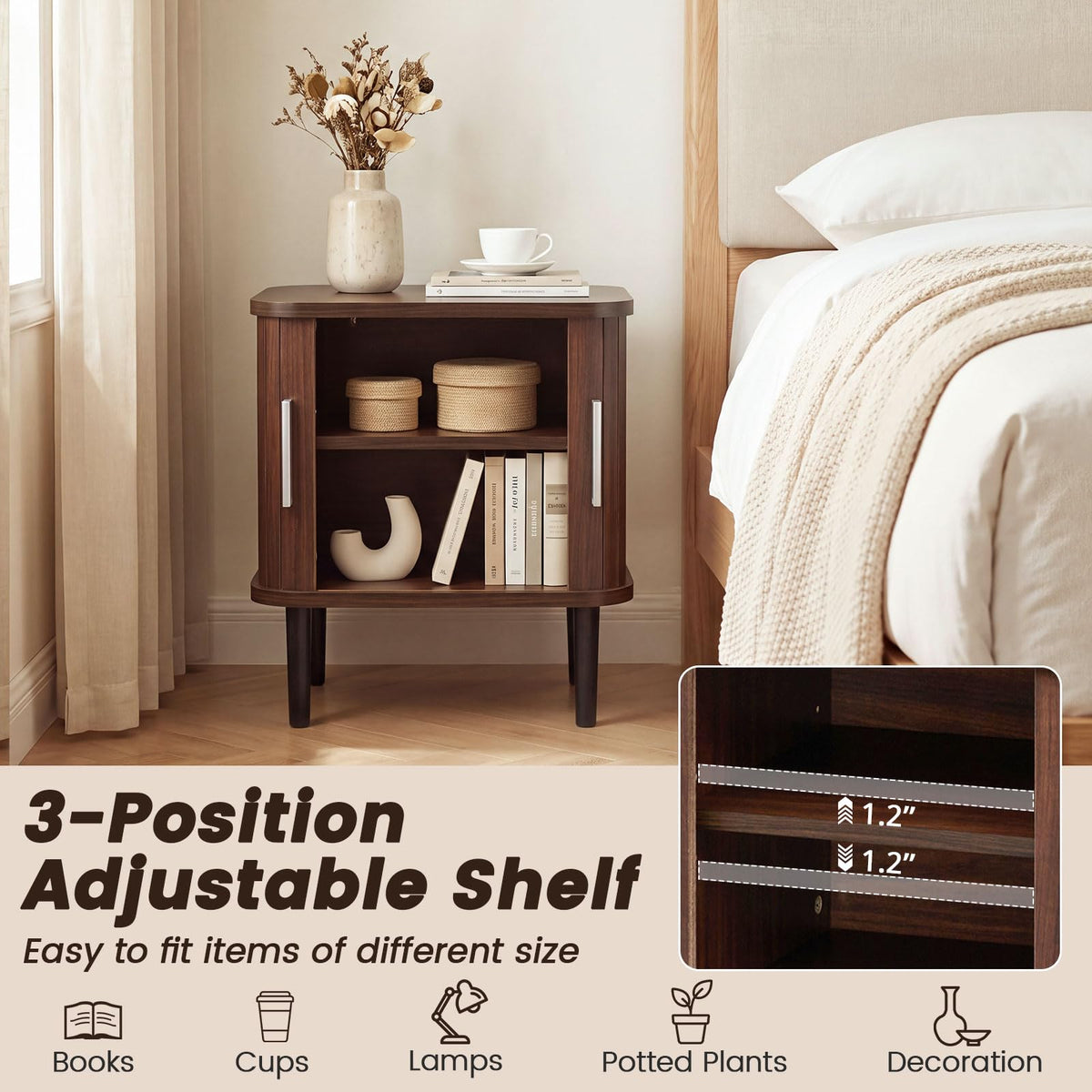 KOMFOTT Fluted Nightstand with Sliding Doors Wood Bedside Table(1/2)