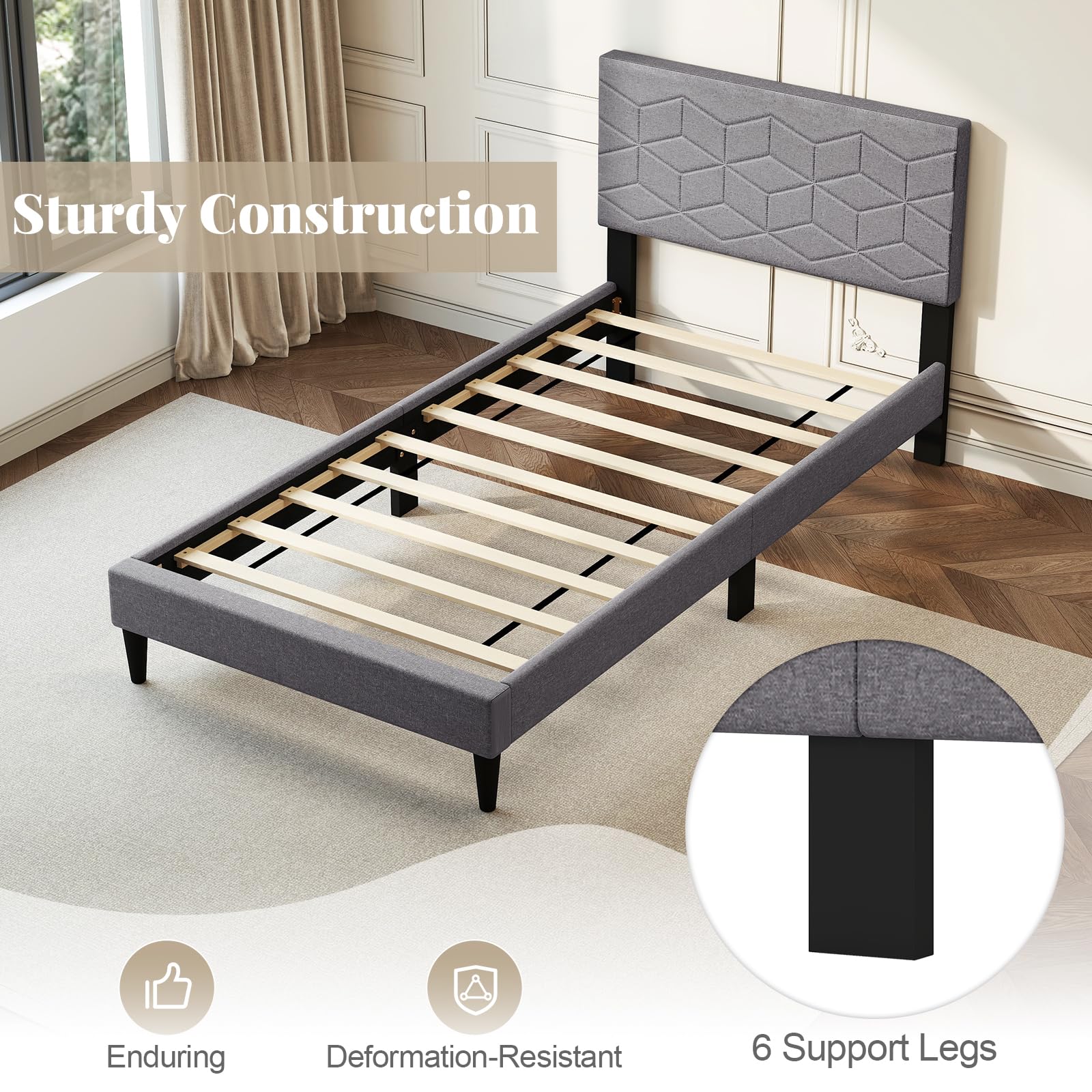 KOMFOTT Upholstered Bed Frame with Linen Fabric Headboard