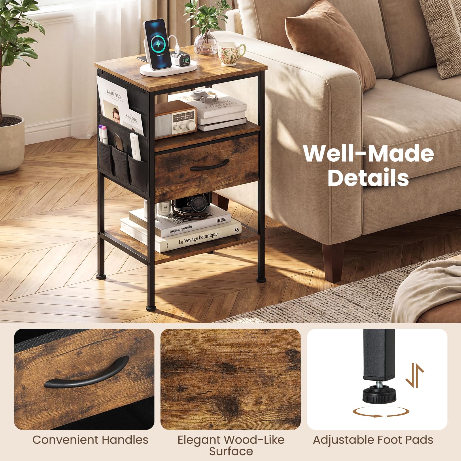 KOMFOTT 1/2 Nightstand with Charging Station 24.5" Modern Bedside Table(1 Drawer)