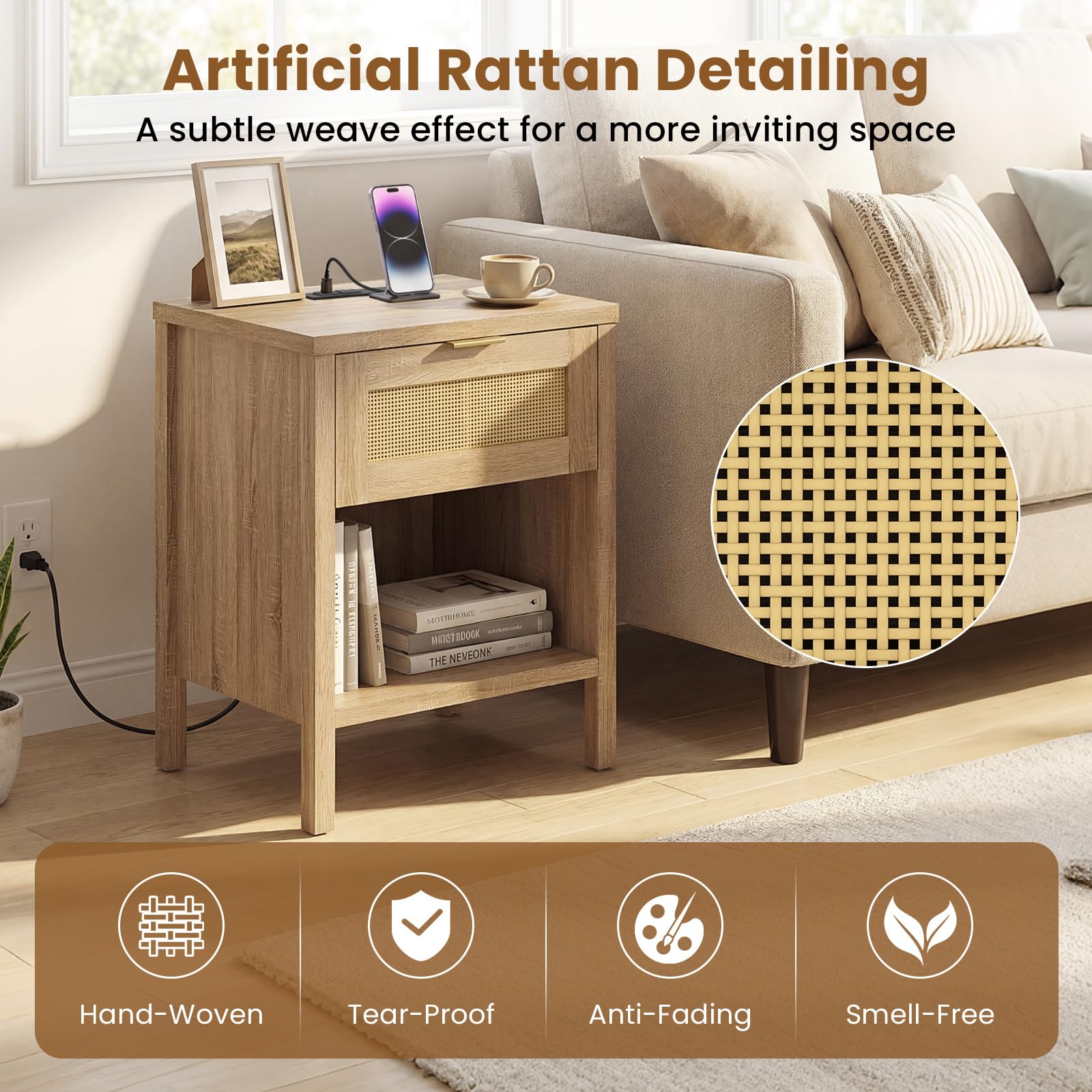 KOMFOTT Rattan Nightstand with Charging Station