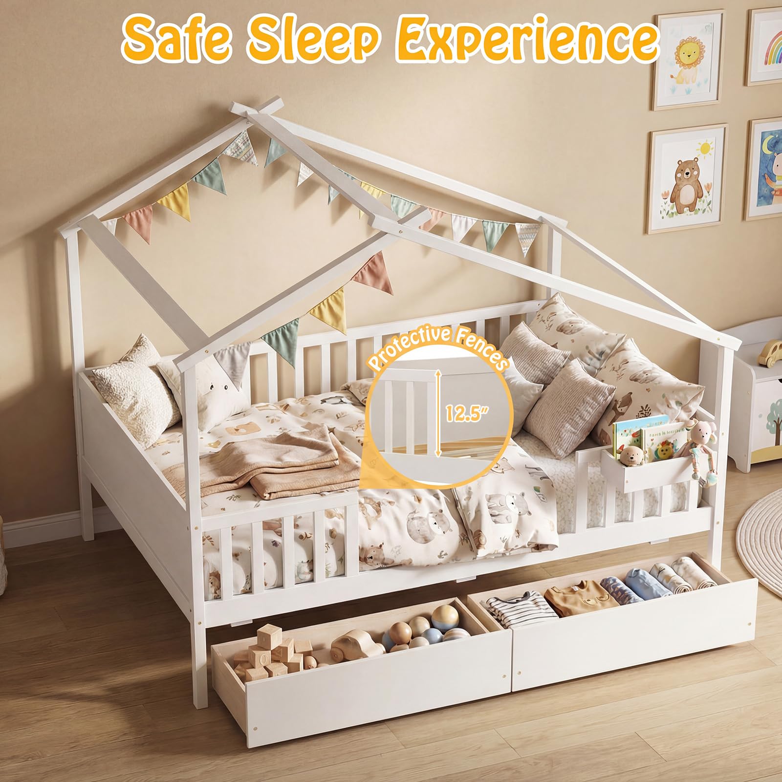 KOMFOTT Full Size House Bed for Kids with 2 Rolling Drawers & Roof & Fence Rails