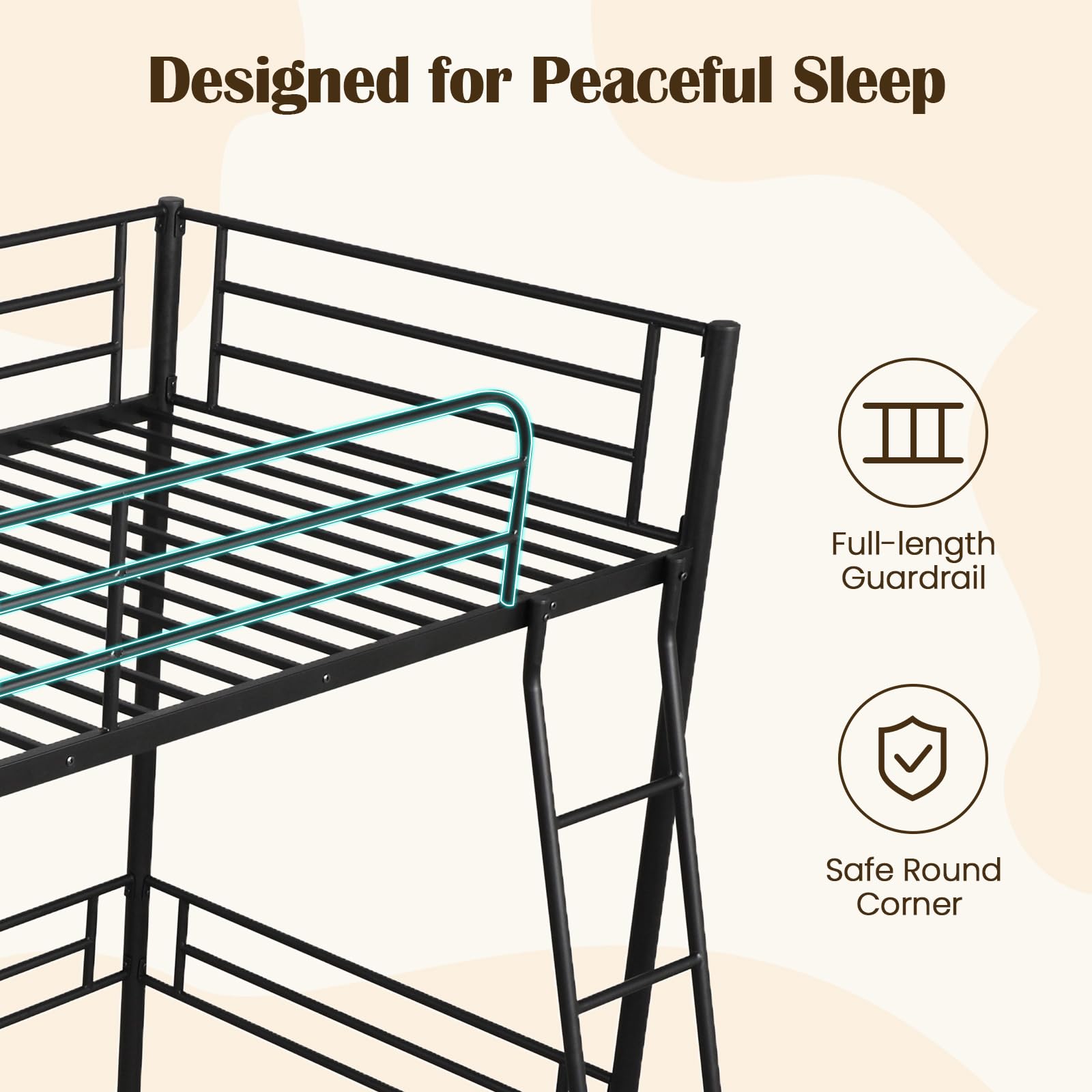 KOMFOTT Twin Size Loft Bed, Metal Loft Bed Frame with Ladder & Safety Guardrail