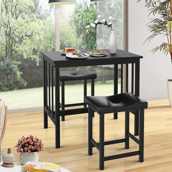 3 Piece Dining Sets with Black Frosted Tabletop and Metal Frame for Kitchen, Bar or Apartment w/ 2 Faux Leather Backless Stools