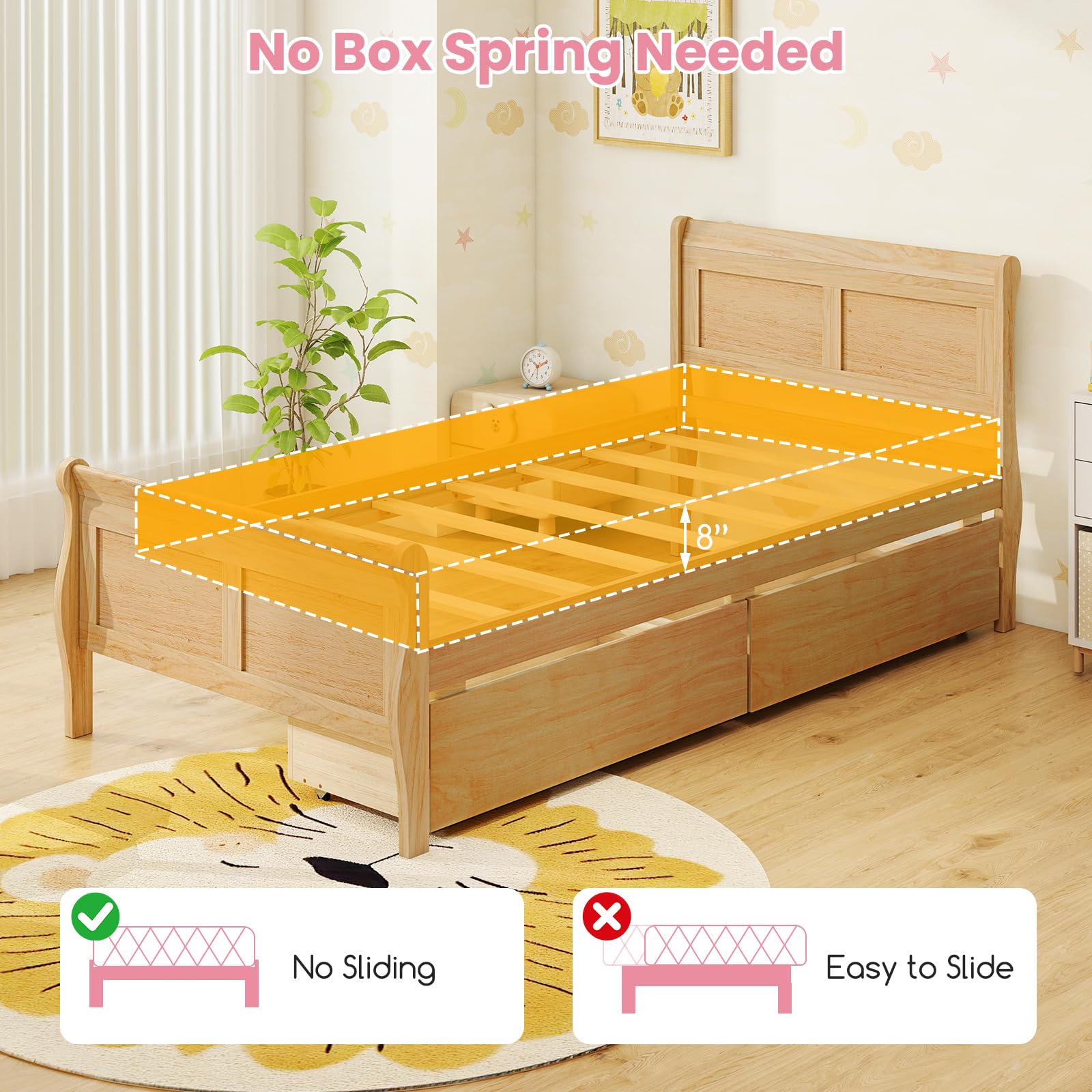 KOMFOTT Twin Size Sleigh Wood Bed Frame with 2 Storage Drawers