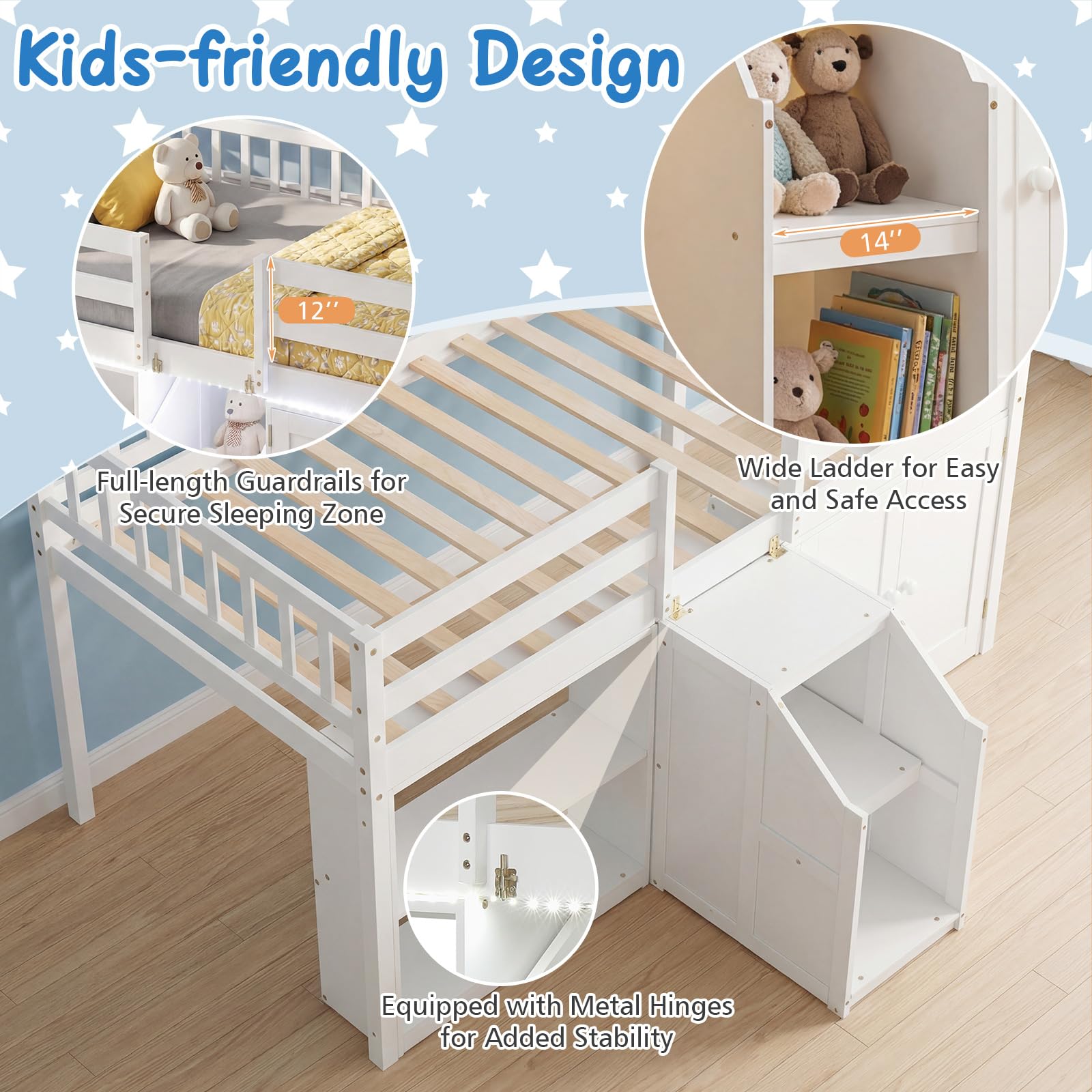 KOMFOTT Twin Size Low Loft Bed with LED Light Stairs & Guardrails