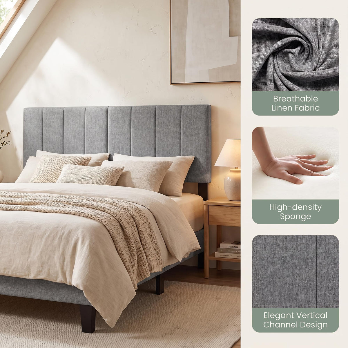 KOMFOTT Linen Upholstered Headboard for Full & Queen Size Bed(Vertical Channel Tufted)