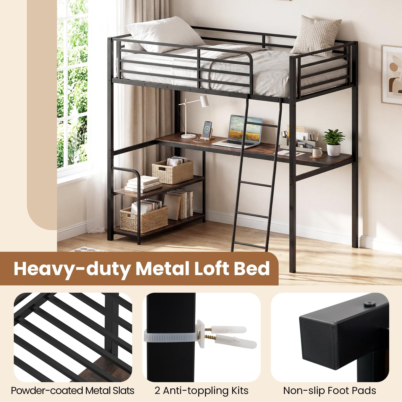 KOMFOTT Twin Loft Bed with Desk & Shelves Heavy Duty Metal Bed Frame