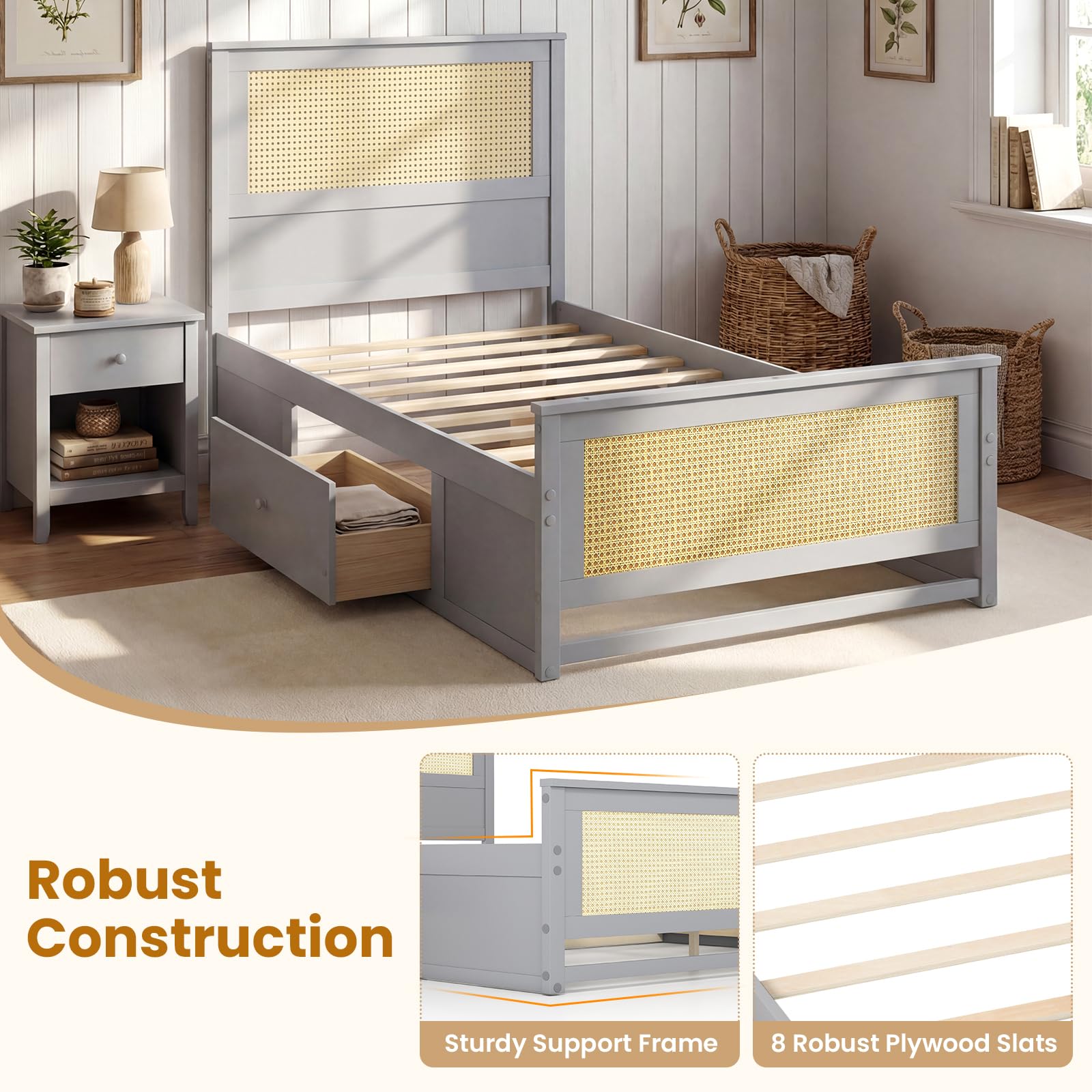 KOMFOTT Rattan Bed Frame with 2 Storage Drawers