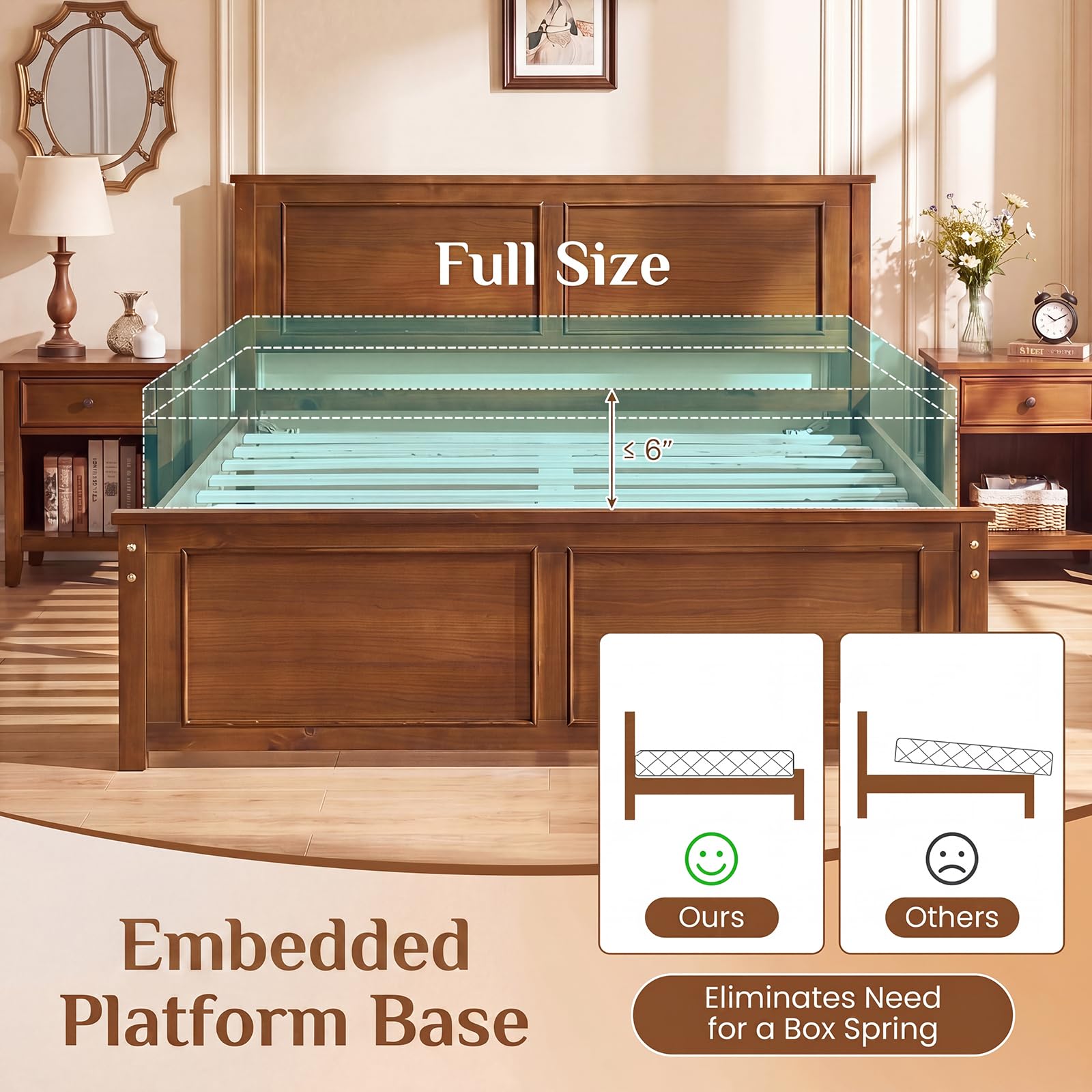 KOMFOTT Full Size Bed Frame Farmhouse Wooden Platform Bed