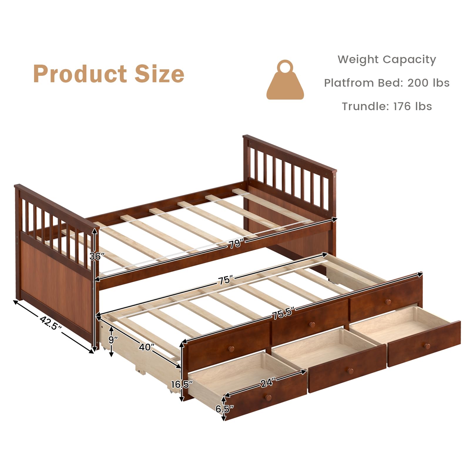 KOMFOTT Twin Captain’s Bed with Trundle Bed, Wood Storage Daybed with 3 Storage Drawers