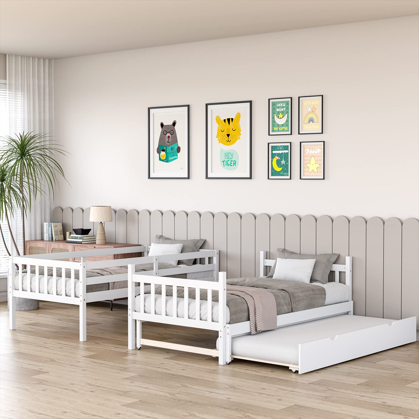 KOMFOTT Twin Over Full Bunk Bed with Trundle,  Extendable Twin/Full/Queen/King Bunk Bed