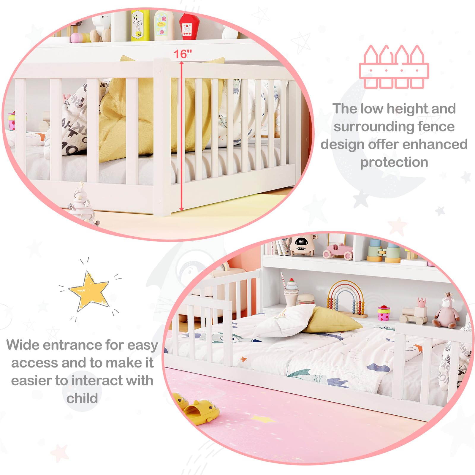 KOMFOTT Twin Floor Bed with Bookcase & Shelves