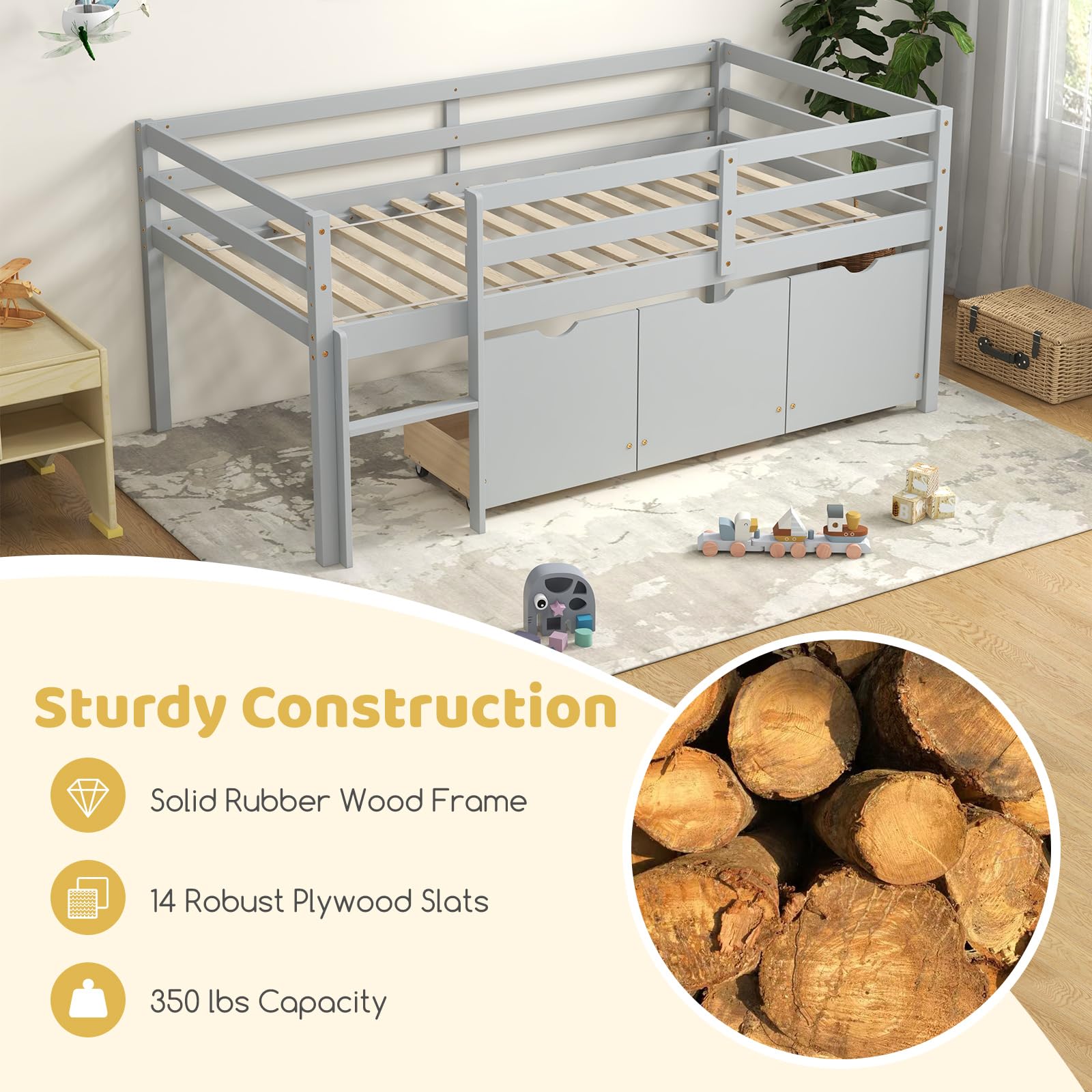 KOMFOTT Twin Low Loft Bed with 3 Storage Drawers