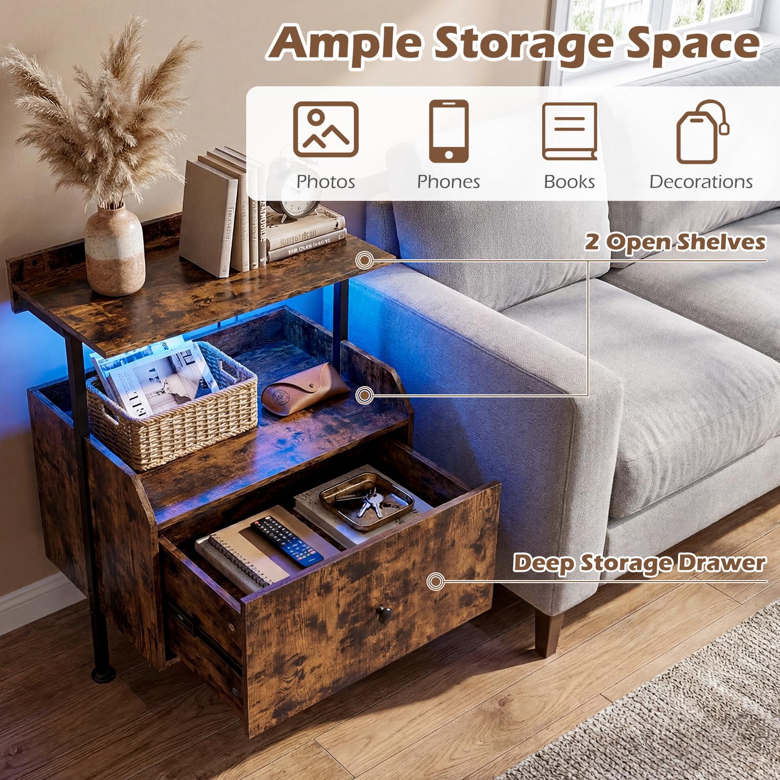 KOMFOTT Nightstand with LED Lights & Charging Station (21" x 16" x 29.5")