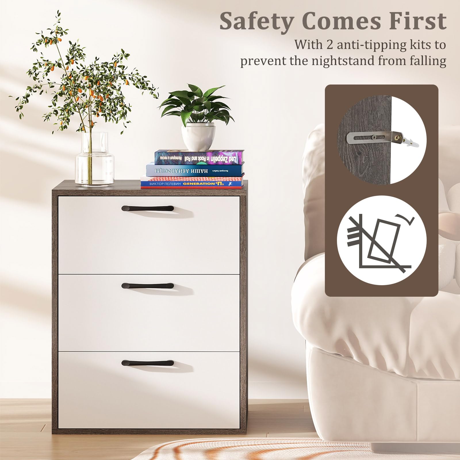 KOMFOTT Nightstand with 3 Drawers( (White & Grey))