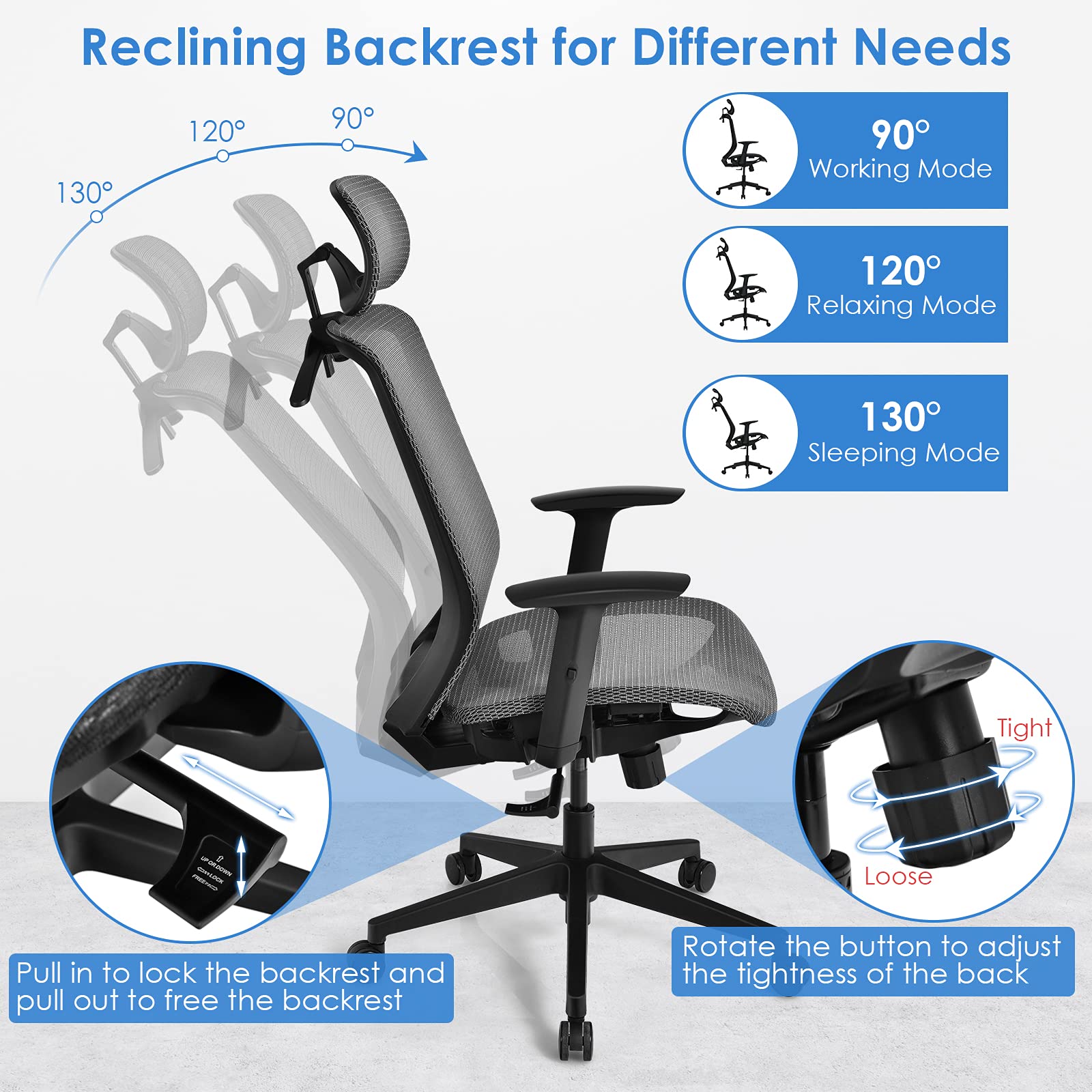 KOMFOTT Ergonomic Office Chair, Mesh Desk Chair Back Support with Adjustable Headrest