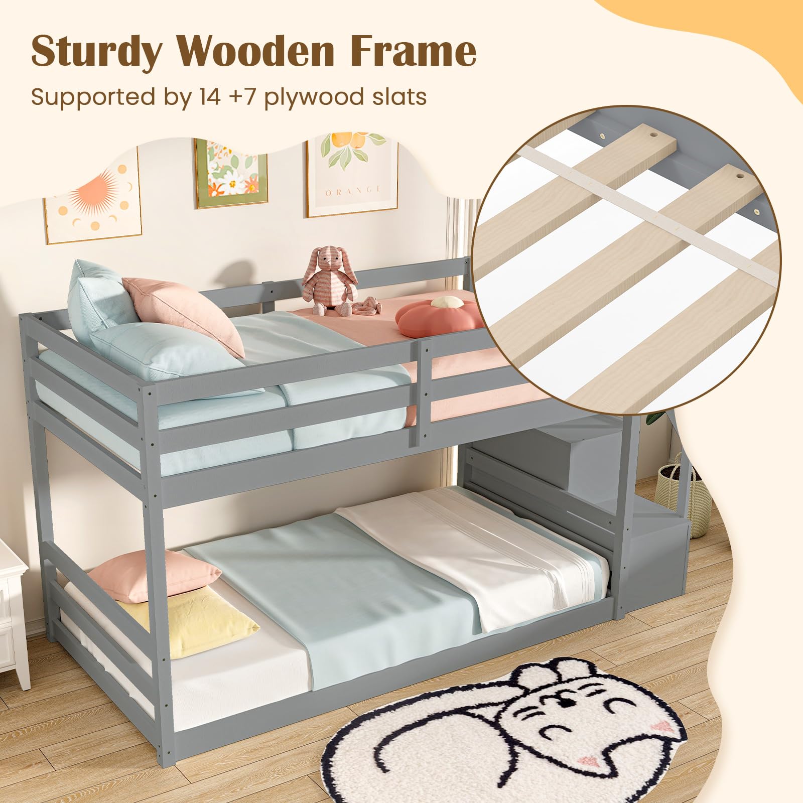 KOMFOTT Bunk Bed with Stairs, Solid Wood Floor Bunk Bed with Storage Staircase & Full-Length Guardrails