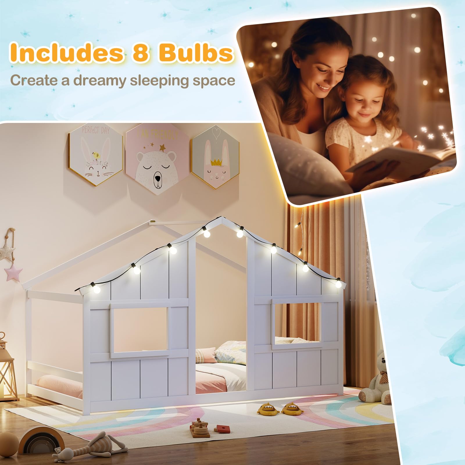 KOMFOTT Twin Floor House Bed with LED Lights