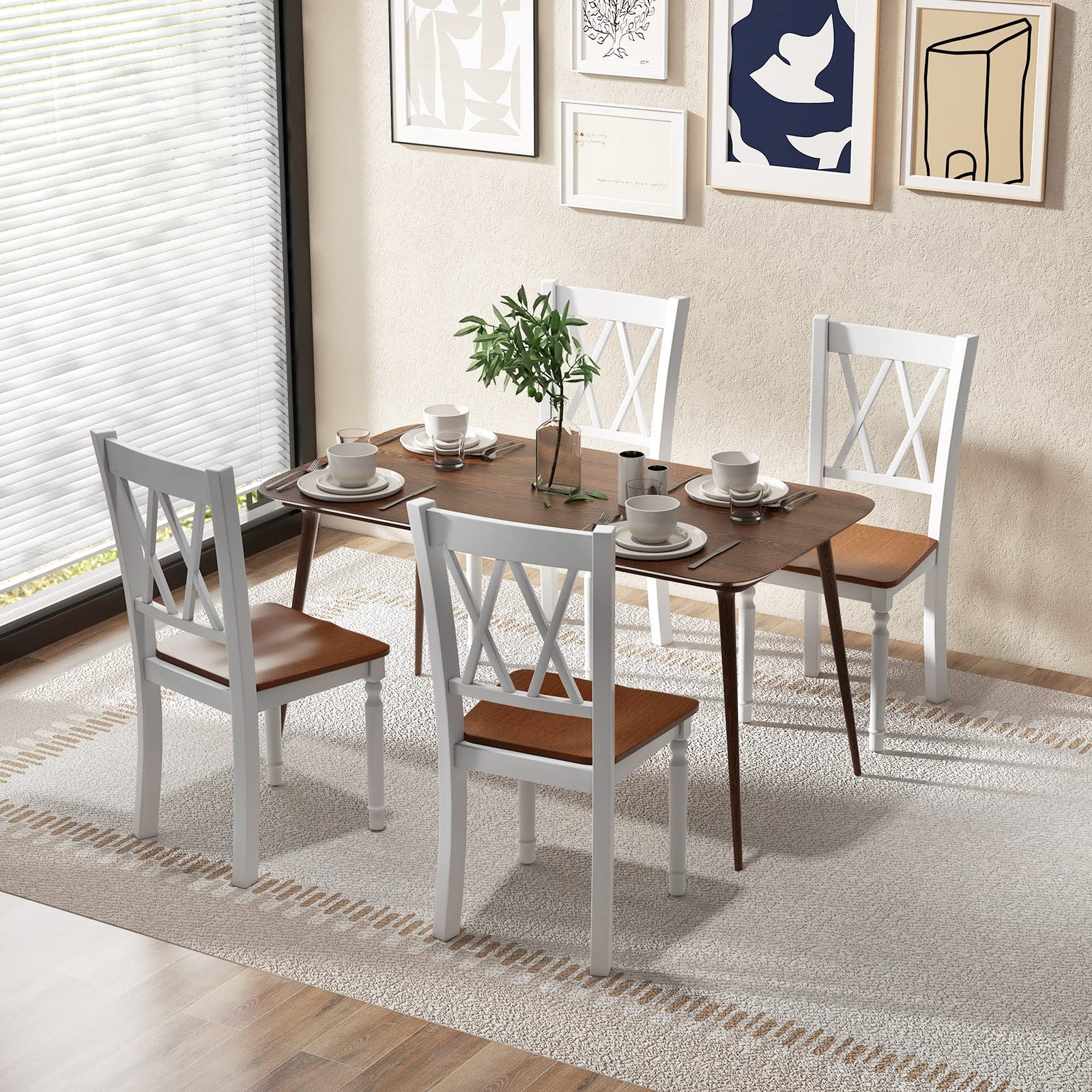 KOMFOTT Dining Room Chairs Set of 4 White - Wooden Farmhouse Kitchen Chairs with Rubber Wood Seat