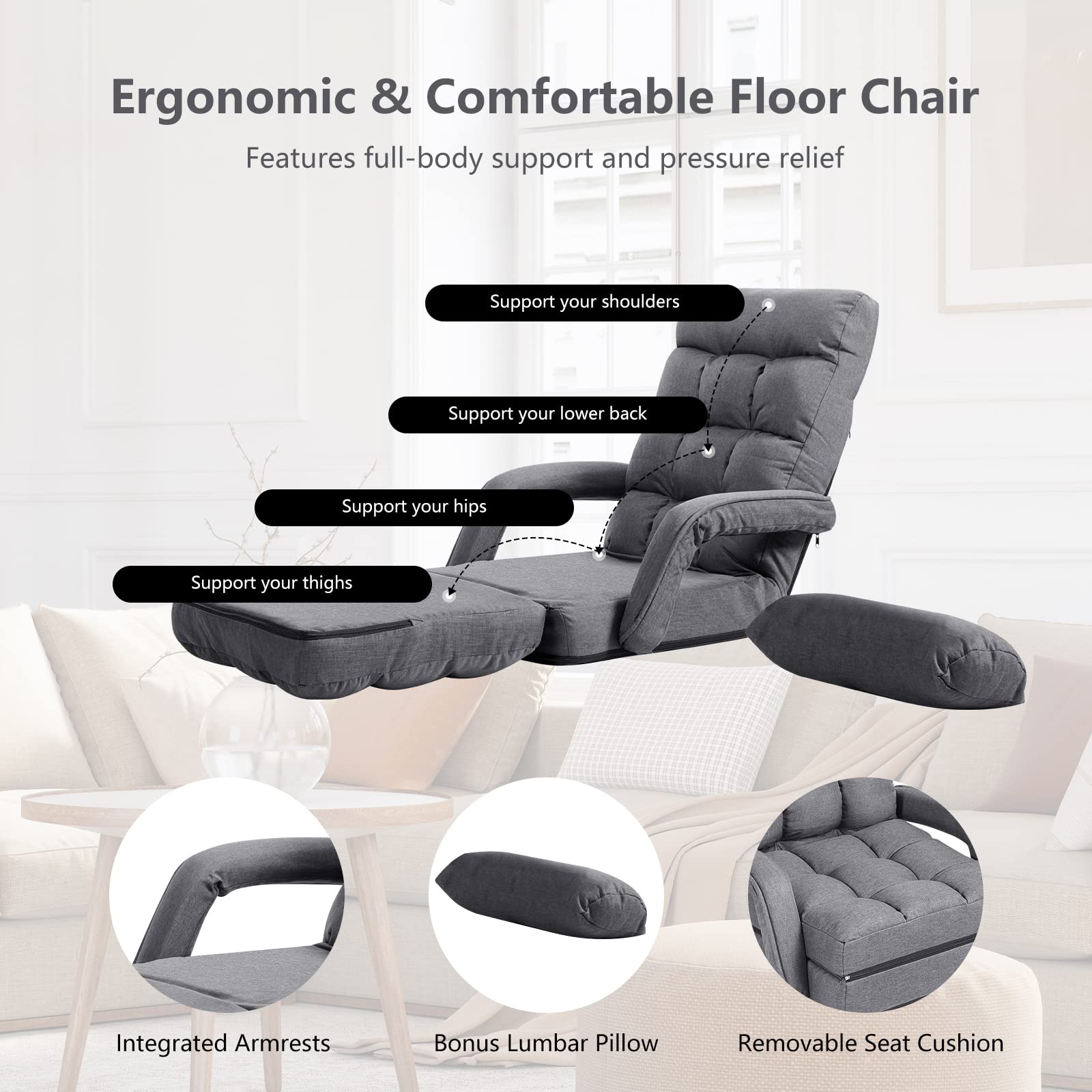KOMFOTT Adjustable Floor Chair, Folding Lazy Sofa Chair with 5 Positions, Detachable Seat Cushion