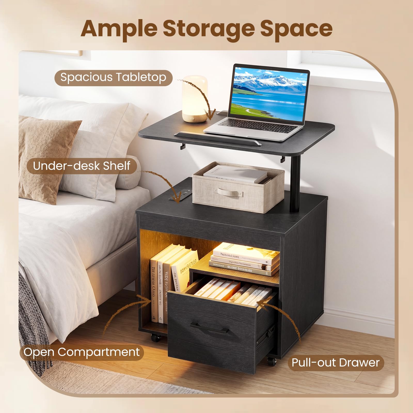 KOMFOTT LED Nightstand with Charging Station Modern Bedside Table(23.5" x 16" x 29.5")
